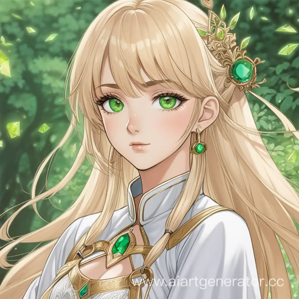 манхва персонаж девушка блондинка принцесса яркий взгляд самодостаточная красивая уверенная зеленые глаза любит драгоценности взросла 25 лет голова полностью в кадре

