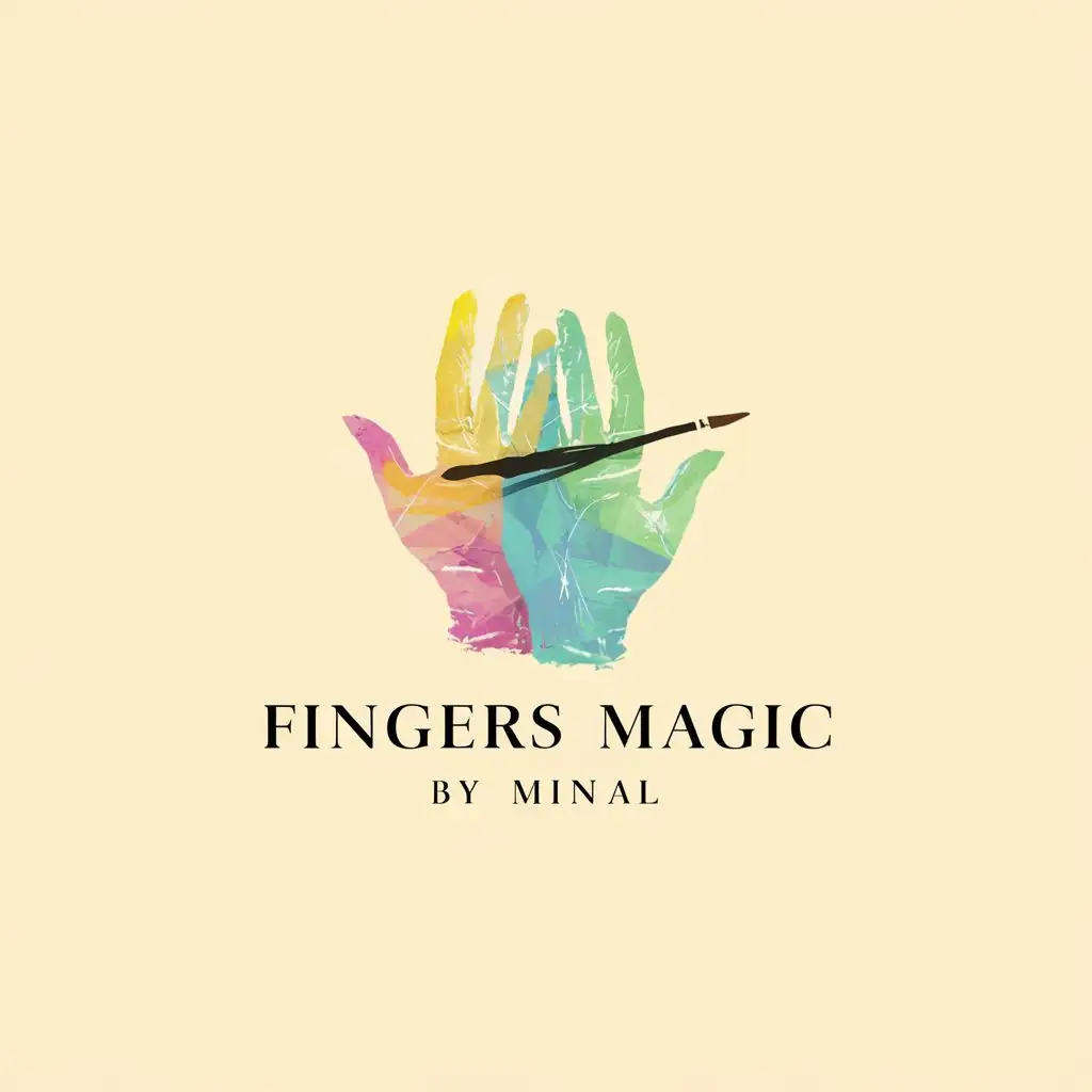 logo, 1. **Concept**: Create a logo for "Fingers Magic by Minal" focusing on creating art from waste materials.
2. **Theme**: Use a colorful pastel palette to convey creativity, uniqueness, and vibrancy.
3. **Clarity**: Ensure the design is clear and distinct, avoiding complexity.
4. **Minimalism**: Keep the logo minimal yet impactful, highlighting the essence of artistry.
5. **Typography**: Place "Fingers Magic by Minal" below the artwork using a clear, stylish font.
6. **Hands Imagery**: Incorporate elegantly depicted hands engaged in artistic activities.
7. **Purpose**: Reflect the brand's commitment to transforming waste into beautiful art pieces through creativity.
8. **Symbolism**: Use a paintbrush or other artistic tools to symbolize the process of turning waste into masterpieces.
9. **Versatility**: Ensure the logo is suitable for various applications while maintaining clarity and impact.
10. **Brand Essence**: Capture the essence of the brand as a studio where art is crafted from waste products, emphasizing creativity and transformation. The logo should depict the art creation process using hands without any background., with the text "Fingers magic by minal", typography