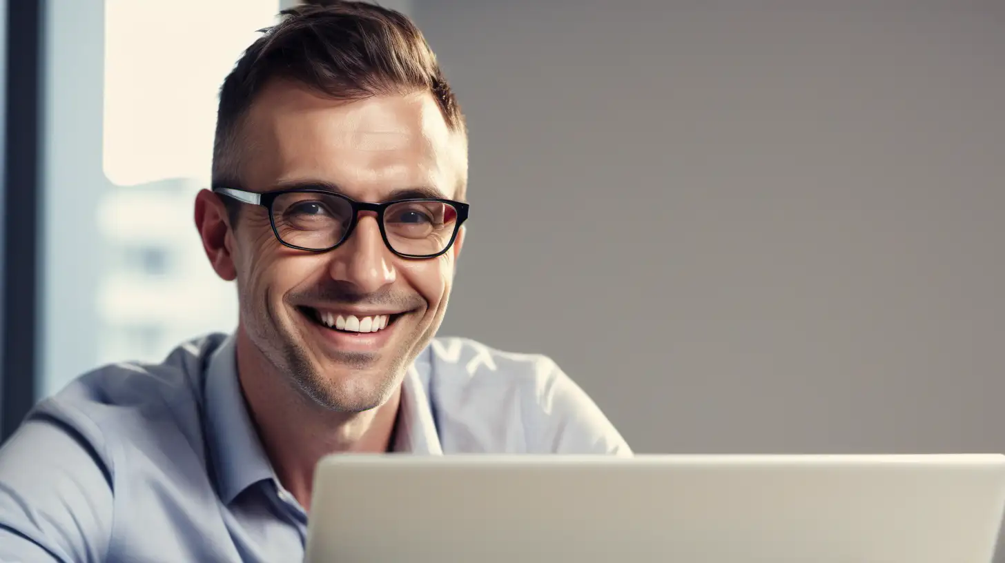 Man in 30s no stubble, smiling, looking at laptop sat at desk, shaven, slight smile, out focus bright office background, light from laptop shining in his face, reflecting in glasses, view pulled back