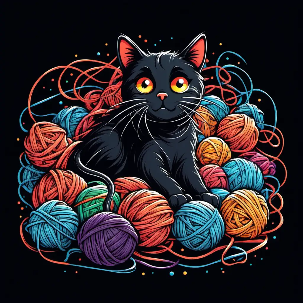 cartoon style, black cat tangled in a yarn mess, hilarious clumsy mood,
scattered colorful balls of yarn, T-shirt design graphic, vector,
contour, flat black background