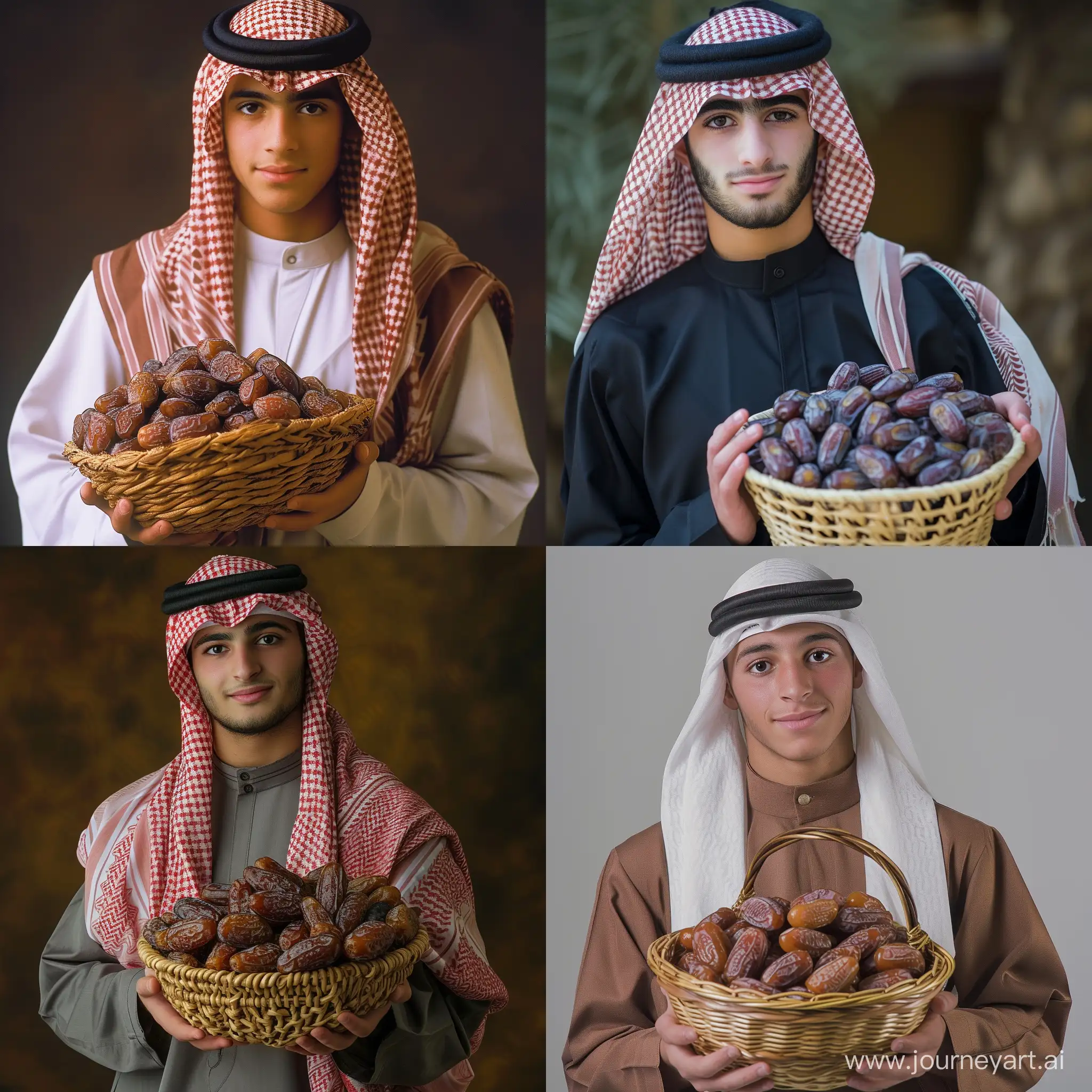 Real and natural photo of a young man in Arabic dress holding a basket of dates. Full detail of date basket and young man's face. The date basket should be in the middle of the picture.