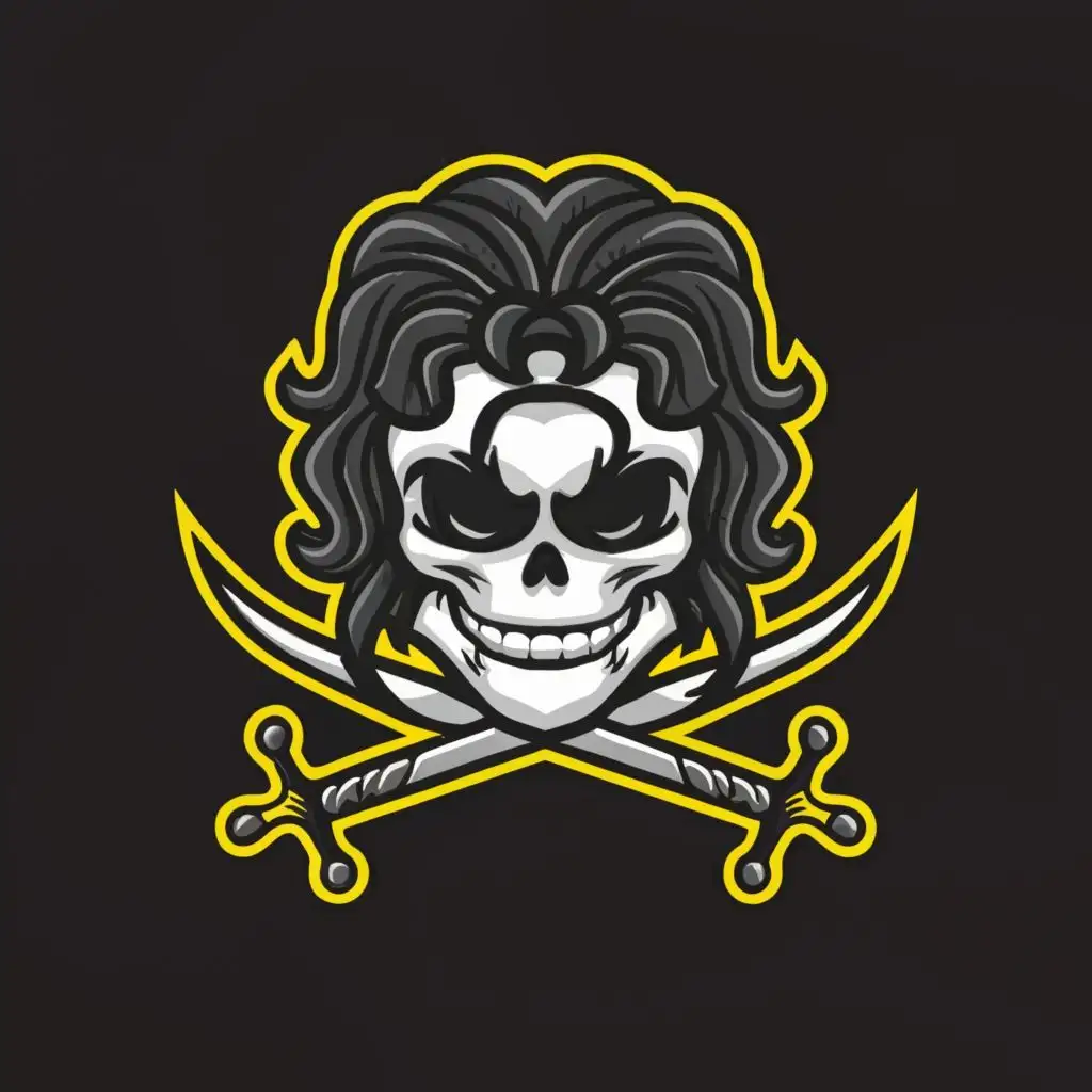 a logo design, with the text 'Nox', main symbol: Jolly Roger with curly black hair and a sword crossed behind him, complex, clear background
outline: no