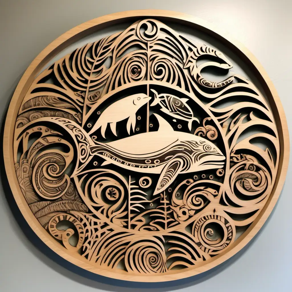 Intricate Tribal Circle Featuring Wood Layers and Ocean Animals