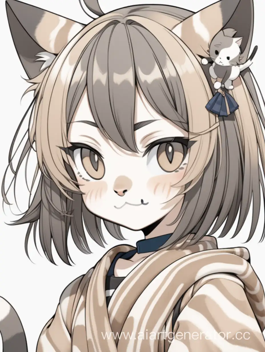 Аниме кошка-девушка, в районе рта белого цвета, с цветом волос мраморно бежевой с тёмными серыми полосками, хвост мраморно бежевый с тёмно серыми полосками.