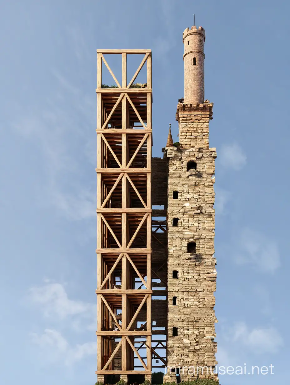 Ruined Brick Tower Connected to Wooden Tower in Serene Atmosphere