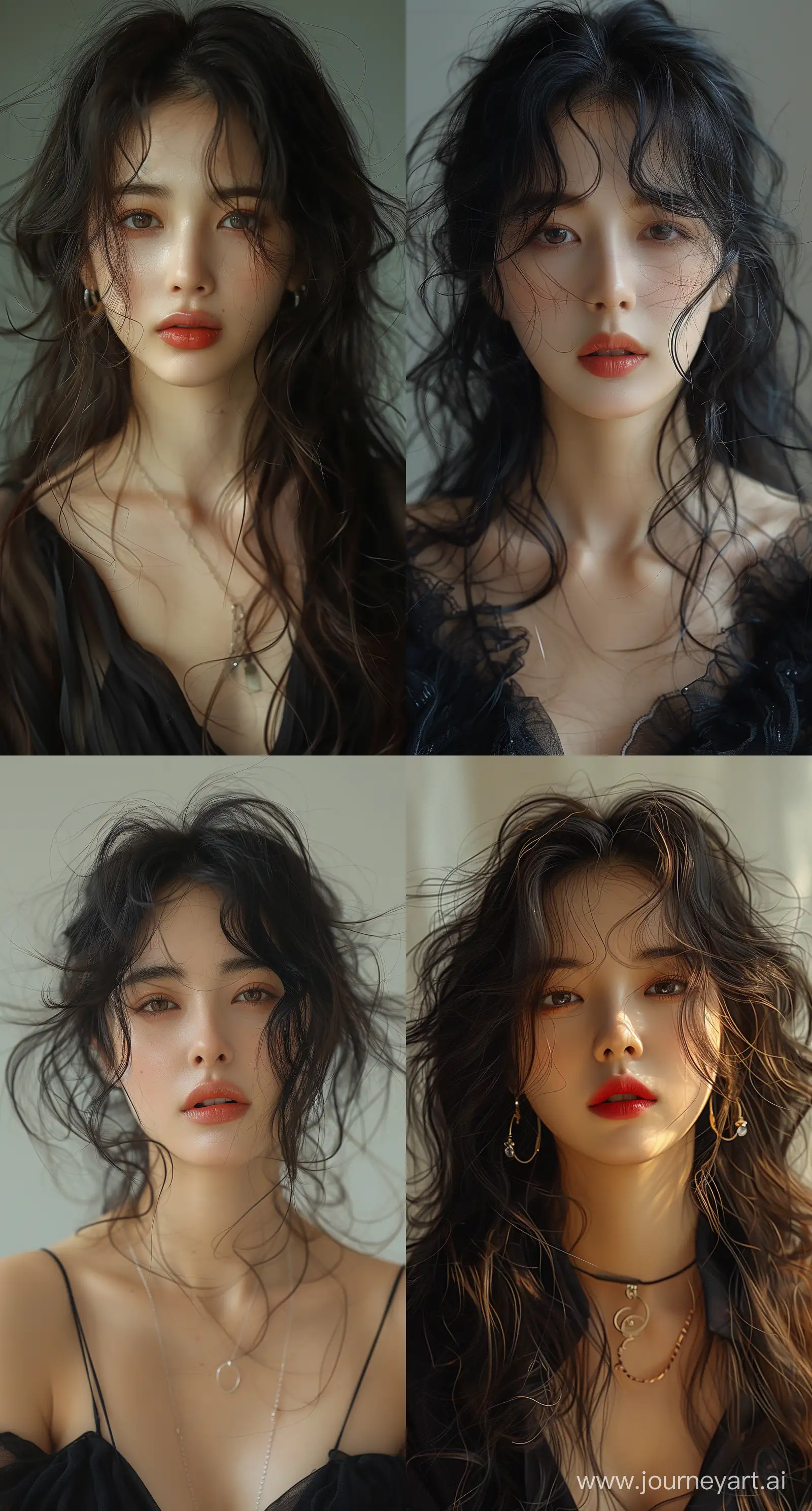 a korean woman with fat lipsblack hair, in the style of dain yoon,  captures raw emotions, wavy, distinct facial features --ar 69:128 --stylize 750 --v 6