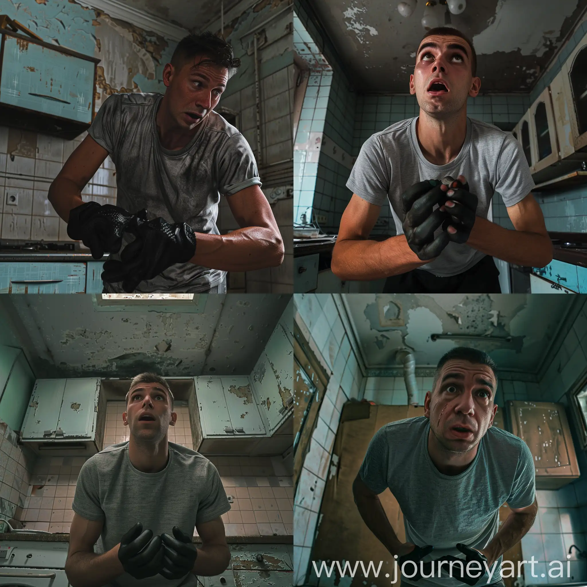 man, short hairstyle, gray t-shirt, slight unshaven, looking at his black hands, bottom view, surprised look, kitchen of an old soviet house, hyper-realism, 8K image quality, ultra detail