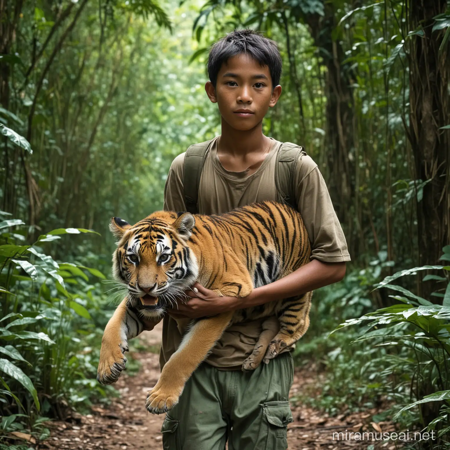 Indonesian Teen with Baby Tiger in Lush Jungle Setting