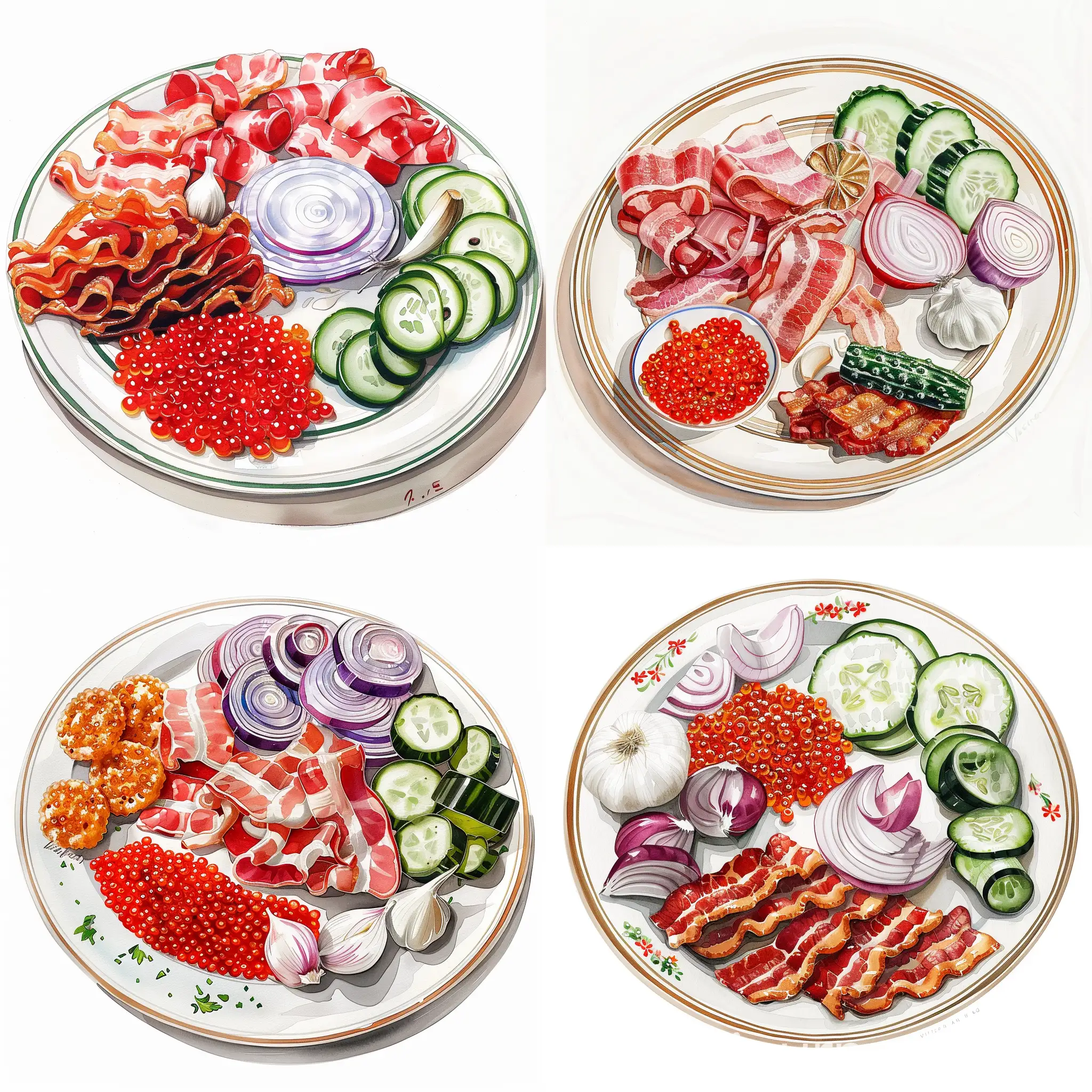 A plate with snacks lying on it: red caviar, bacon cut into plastics, onion, garlic, pickled cucumber, beautifully decorated, on a white background, watercolor style, Victor Ngai style --v 6 --ar 1:1 --no 84234