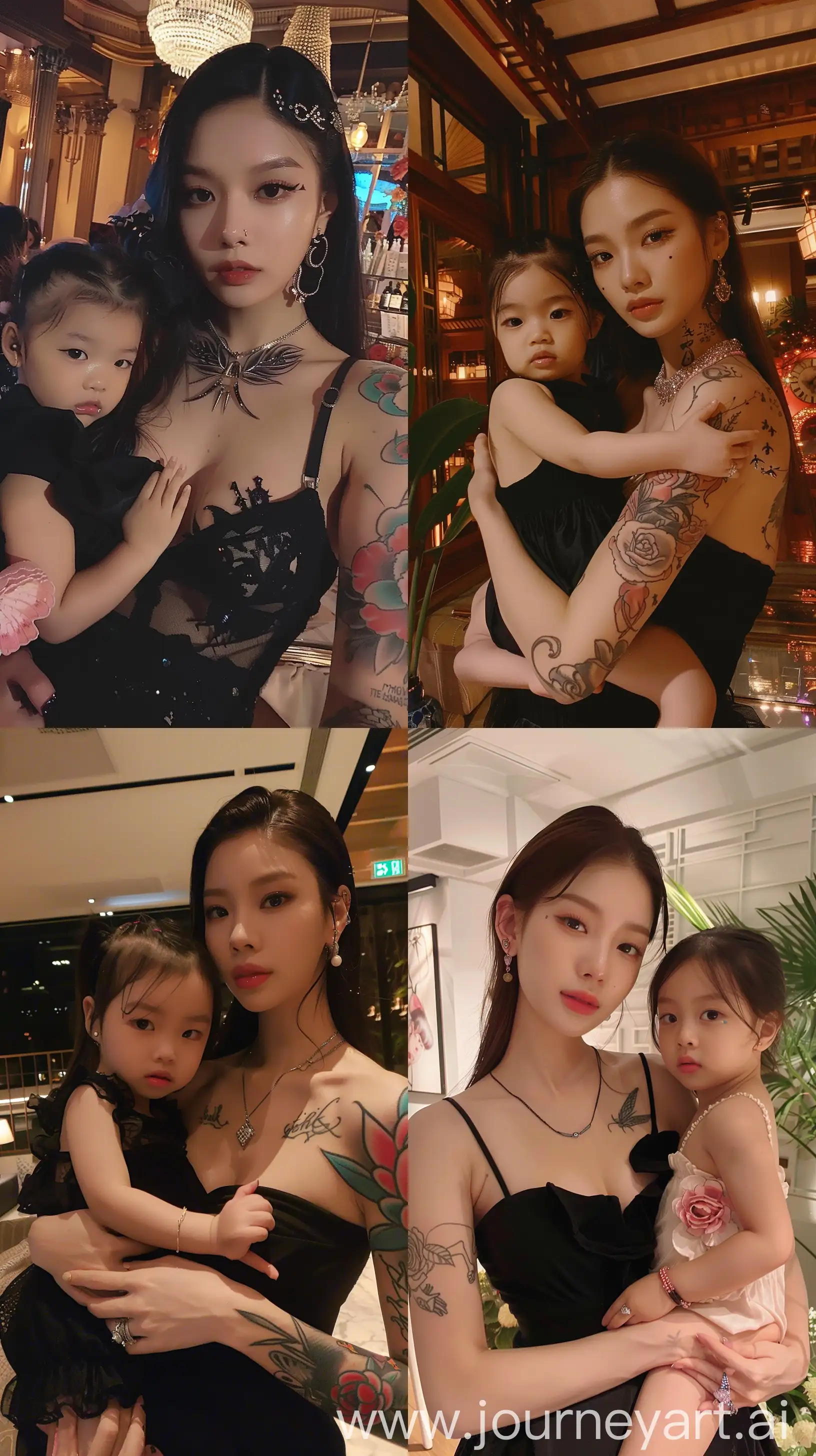 a blackpink's jennie holding 2 years old girl, facial feature look a like blackpink's jennie, aestethic selfie, night times, wearing black dress ,aestethic make up,elegant tattoo --ar 9:16