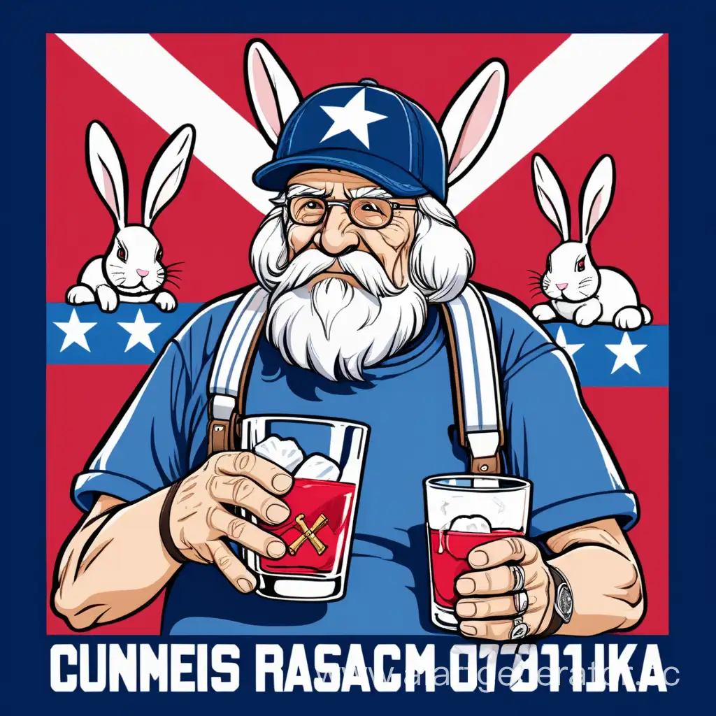 старый геймер с кроличьми  и шапкой ушанкой ушами играет и пьет водку в футболке с рисунком флага конфедерации