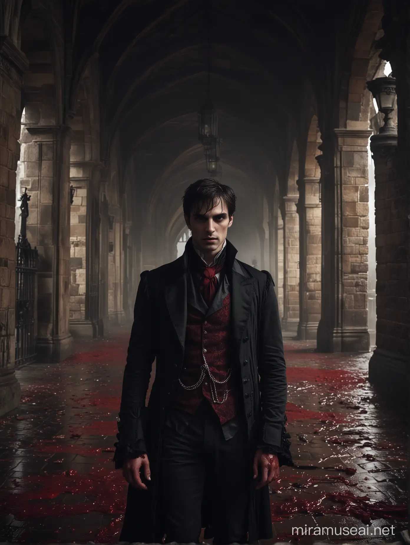 Setting: A dark Victorian castle with Gothic details and a slight mist around.Character: A vampire appearing to be 30 years old, dressed in an elegant Victorian waistcoat and other period clothing, with a seductive and mysterious air.Positioning: The vampire is positioned slightly tilted towards the camera, with a seductive gaze and a faint smile. He is partially shrouded in shadows, suggesting an air of mystery.Blood elements: There are drops of blood running down the vampire's face and scattered on the castle floor, adding a dark and macabre touch.Predominant colors: Predominantly red, with dark tones and deep shadows to create a gloomy and sinister atmosphere.