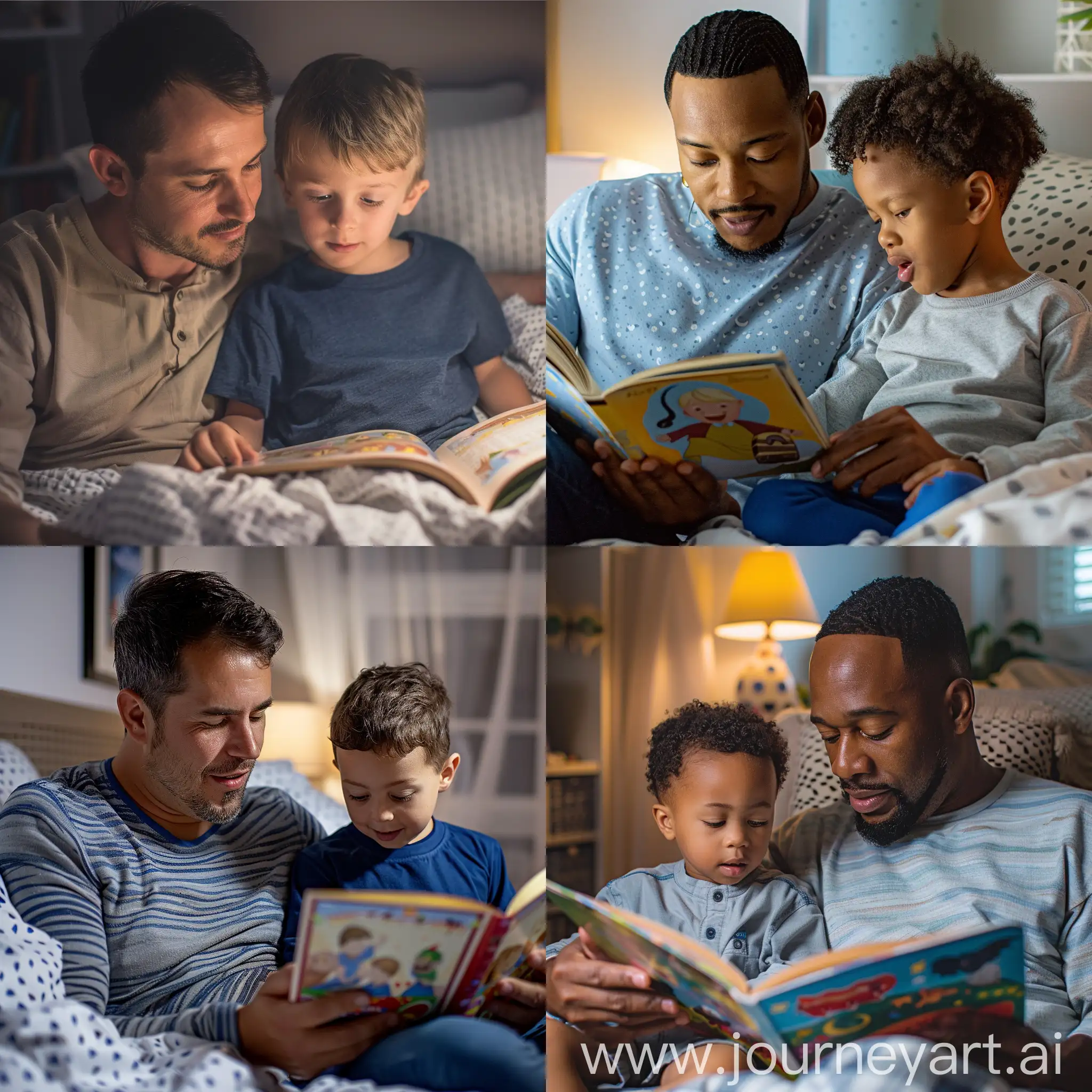 Show me an image of a dad reading a bedtime story to his 6 year old son
