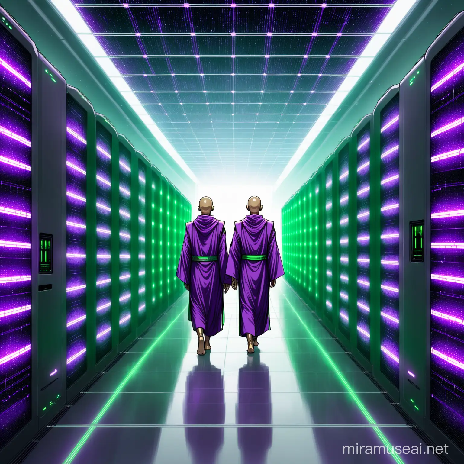futuristic android human hybrid monks in purple & green robes walking in a natural solarpunk data center
