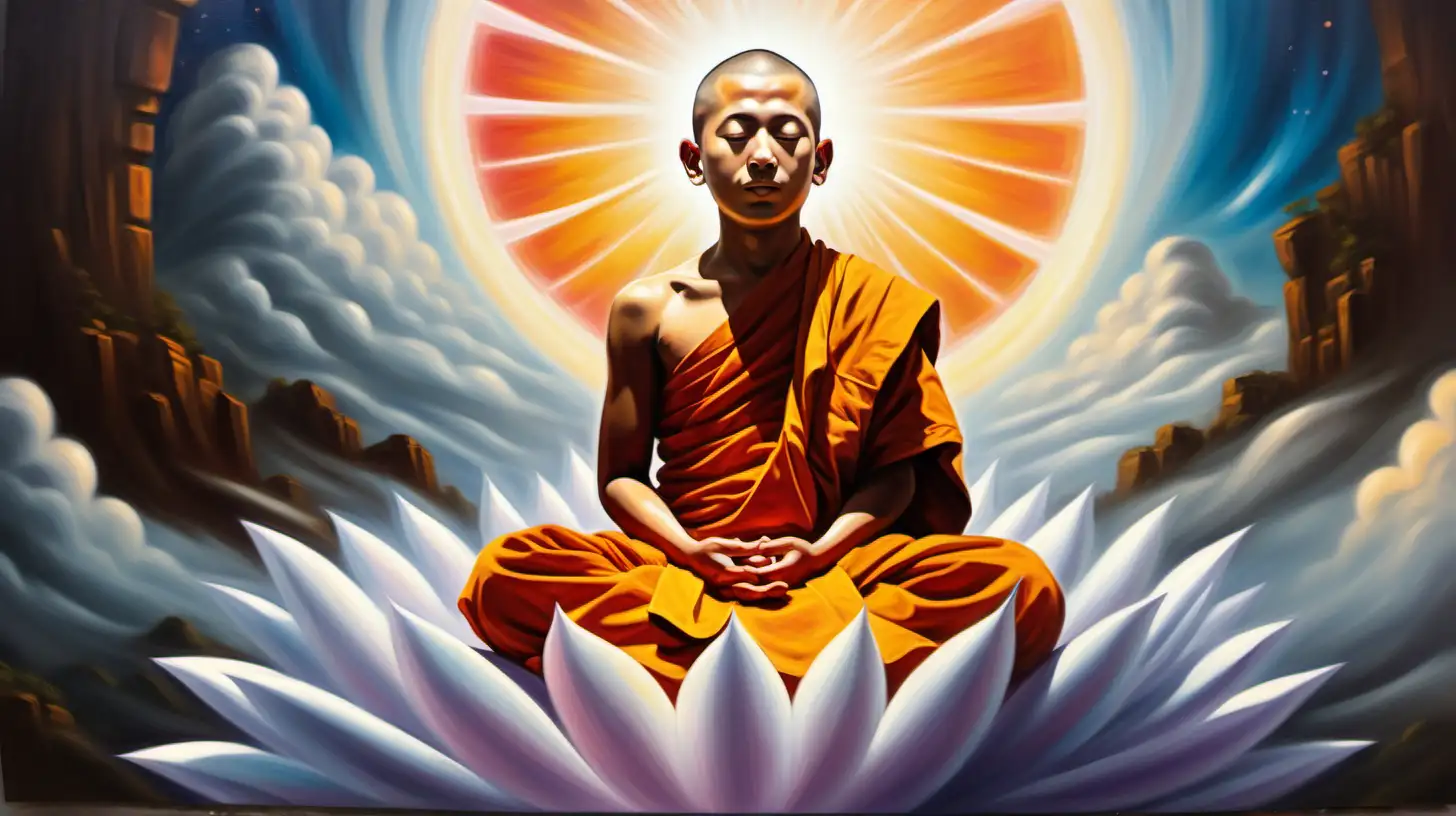 Surreal Oil Painting Young Buddhist Monk Experiencing Nirvana