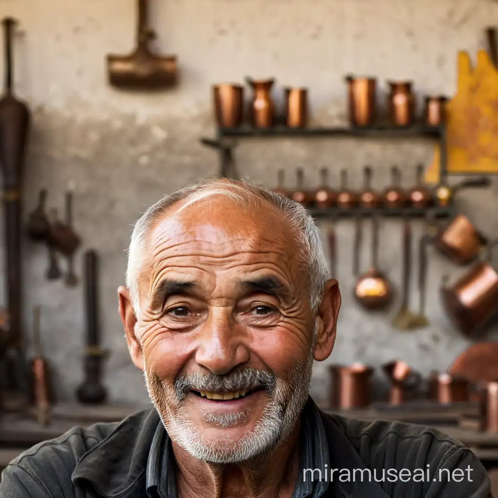Wise and Eager Elderly Coppersmith Crafting Copper Wares