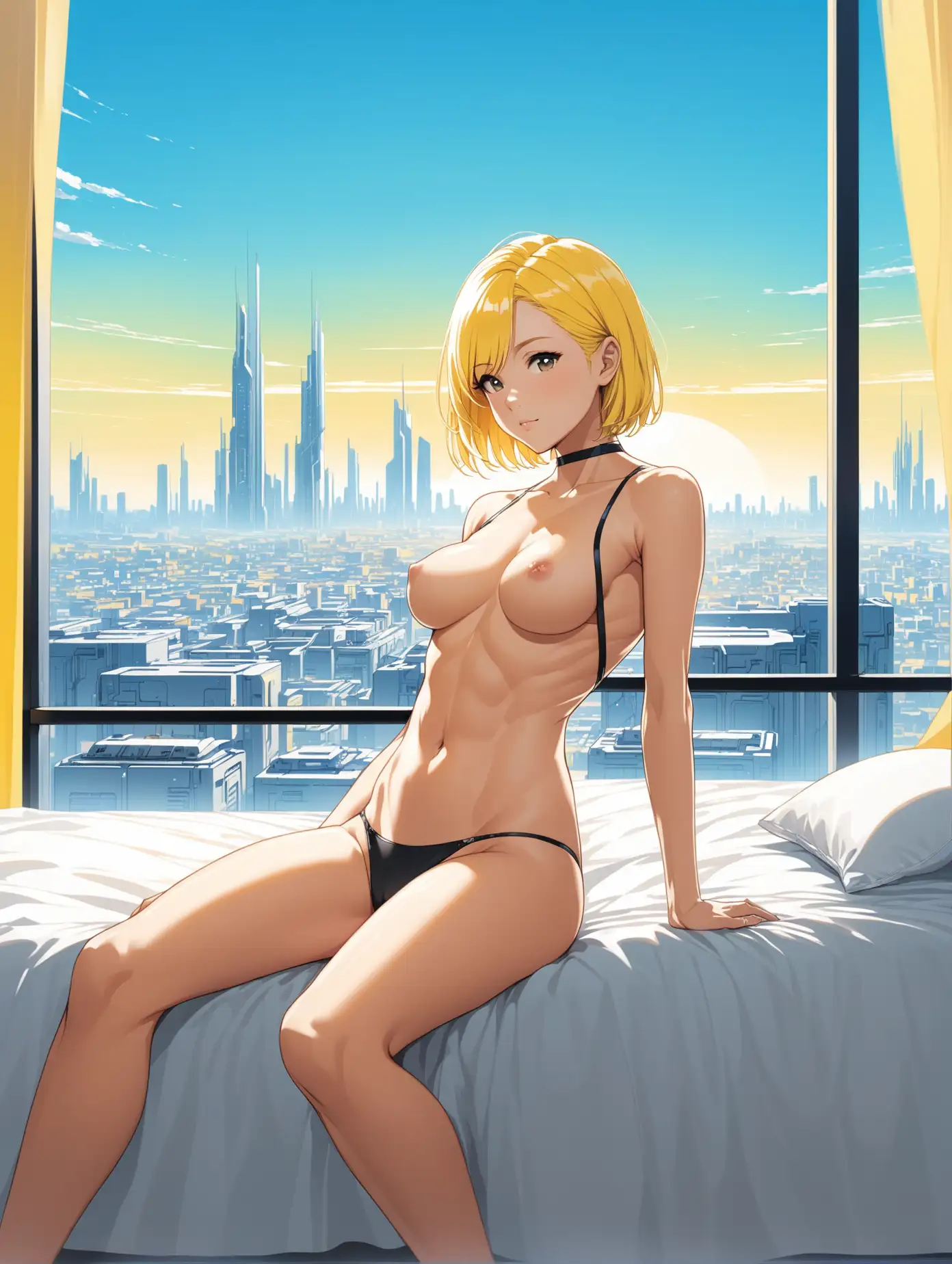 sexy fit 24 year old hero girl, short chin length yellow hair, reclining on bed in futuristic apartment, naked medium breasts, black panties, sexy toned body, blue sky and futuristic town in background through window, yellow black white 3 color minimal design