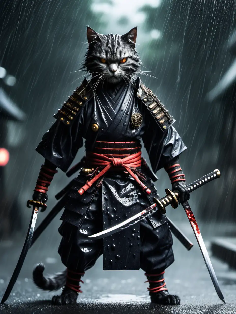 Dark and gritty humanoid cat samurai, in the rain, eyes flashing, katana and tanto in belt, hands on hilt ready to draw