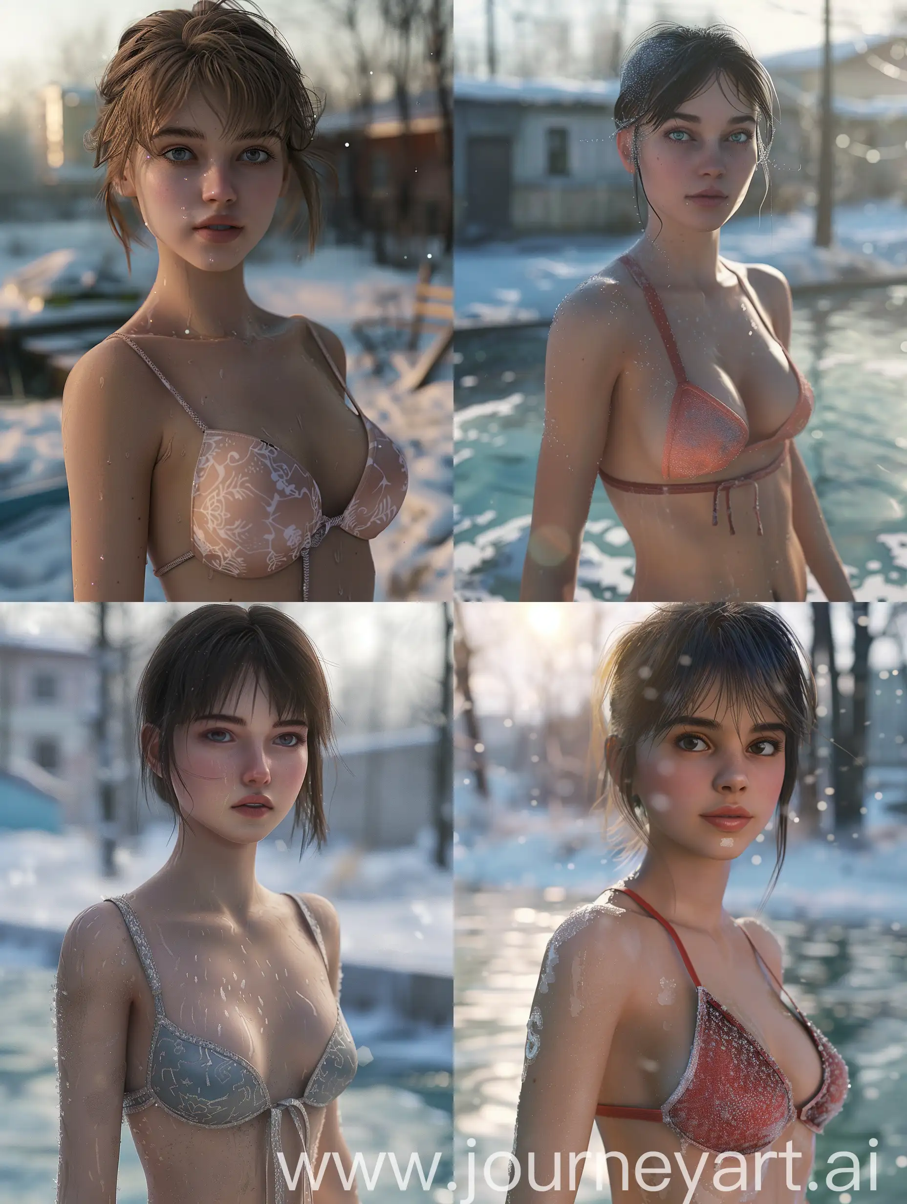 Ulyanovsk city in the winter time, cute, thin swimsuit, russian, Extreme Detail CG Unity 8K wallpaper, masterpiece, highest quality, exquisite lighting and shadow, highly dramatic picture, cinematic lens effect, delicate facial features, excellent detail, outstanding lighting, wide angle, (excellent rendering, enough to be proud of its kind, 