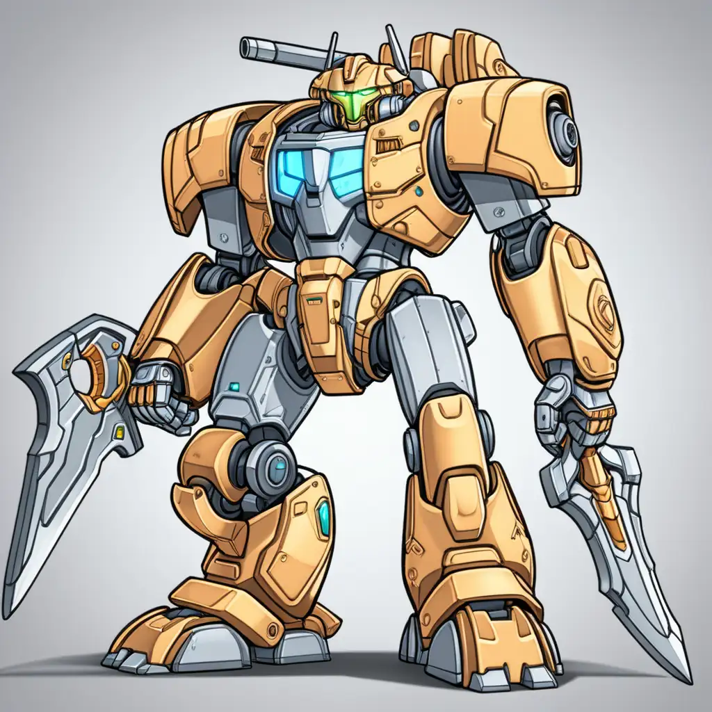 Create a mech warrior cartoon, colored, for kids with thick lines, no shading, low detail, with a giant sword