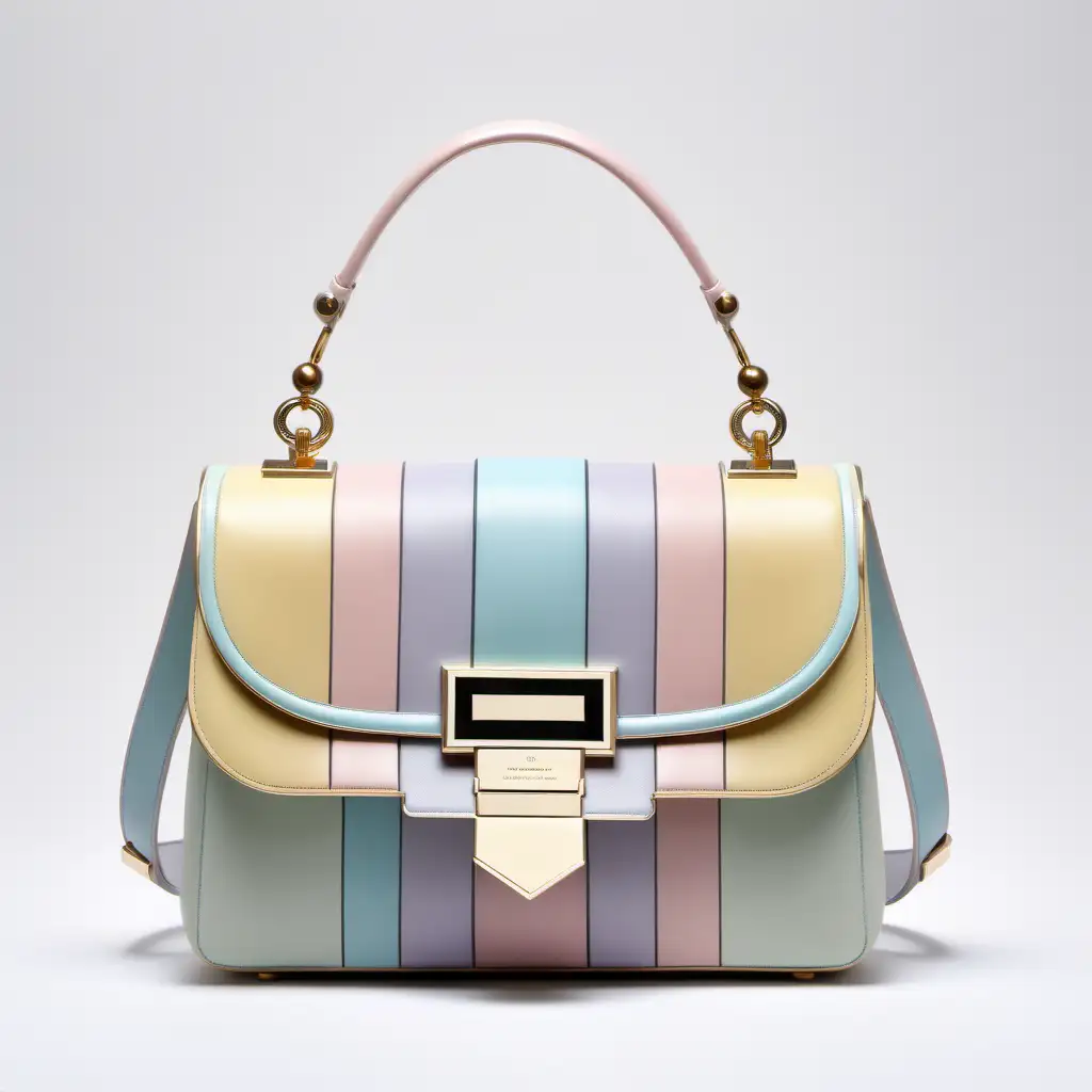 Neoclassic art inspired Leather luxury bag, with flap, one handle, metal buckley, front view, pastel colors palette