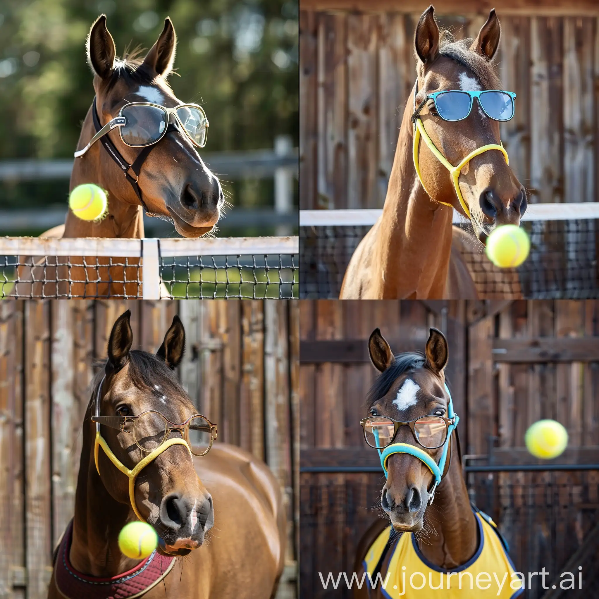 horse playing tennis wearing glasses 
