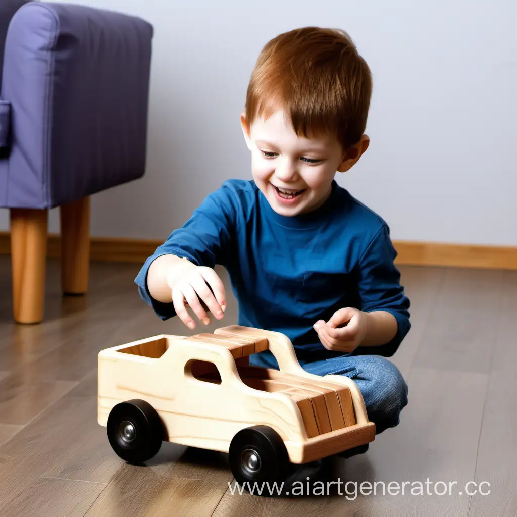 ребенок радуется деревянной машинке конструктор 