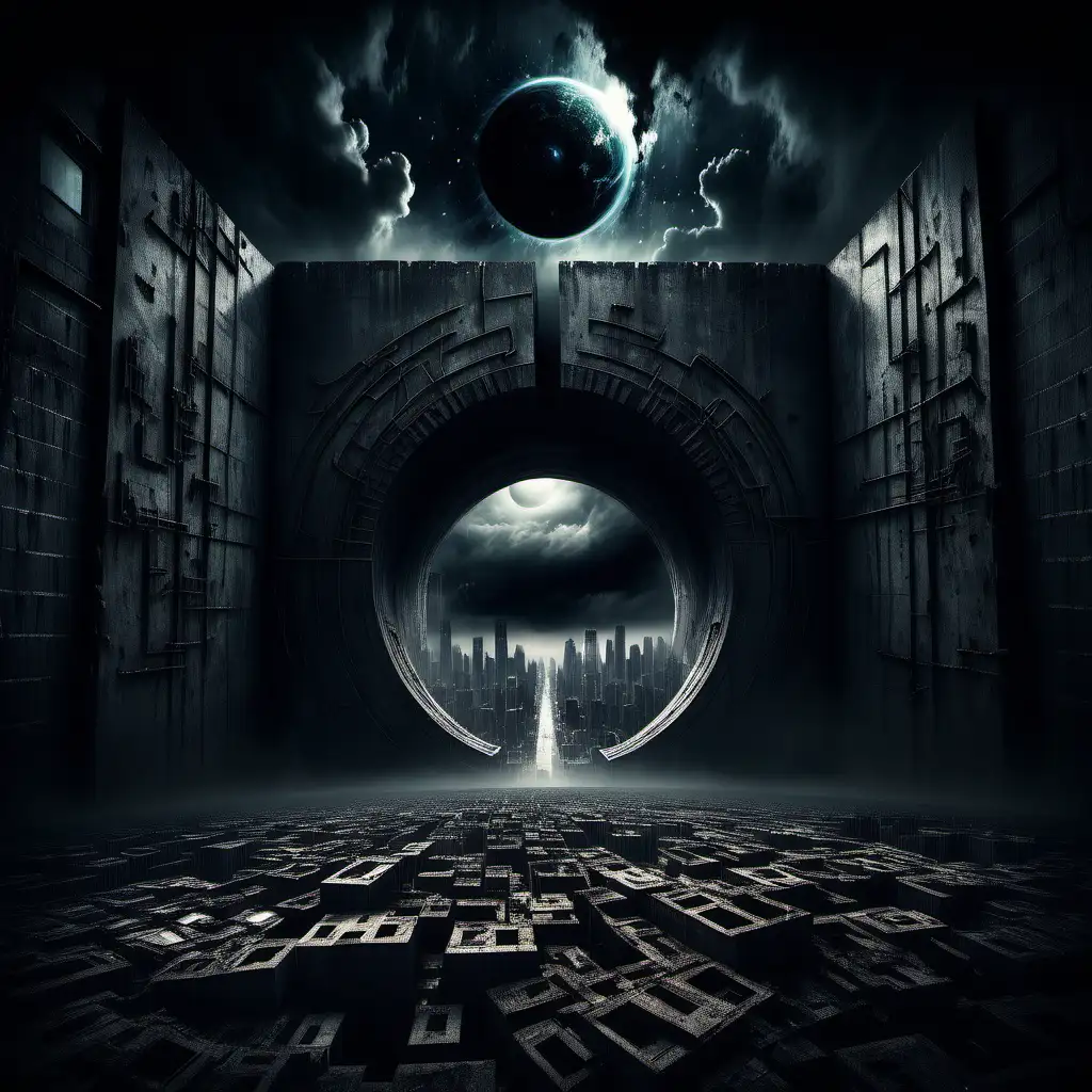 Mörk atmosfär, dystopian, stad i mörker, hotfull stad, en vägg har en portal till ett annat universum, hallucinationer 