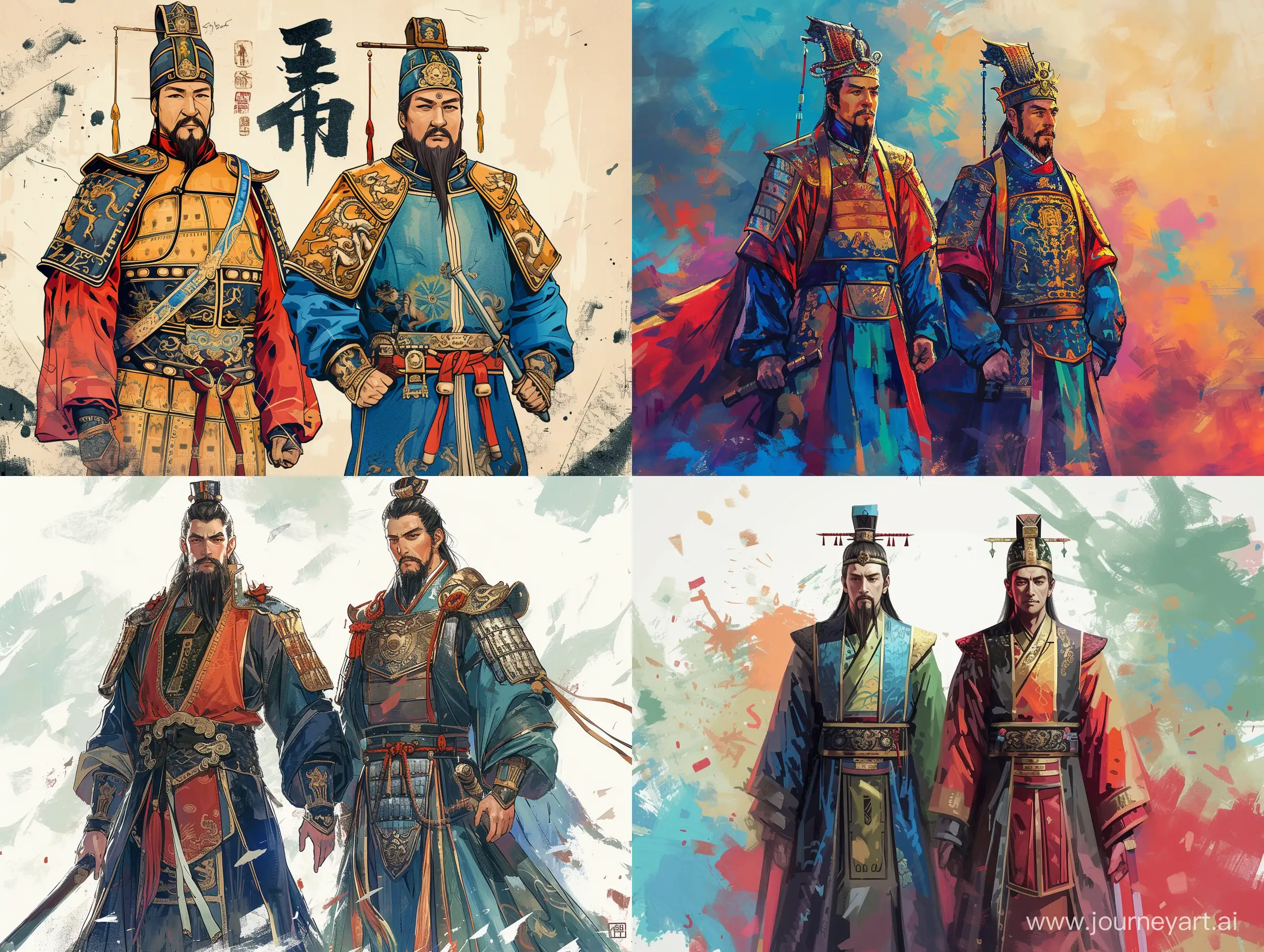两位将军，并肩而立，彩色中国风，水墨画风格，二次元漫画，高清，高级感，大师之作，古代，东方美学。