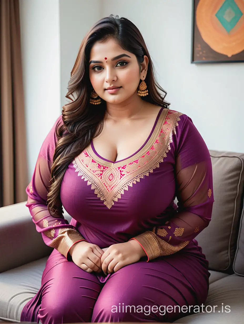 Beautiful indian plus size women wore full sleeve tops relax at sofa