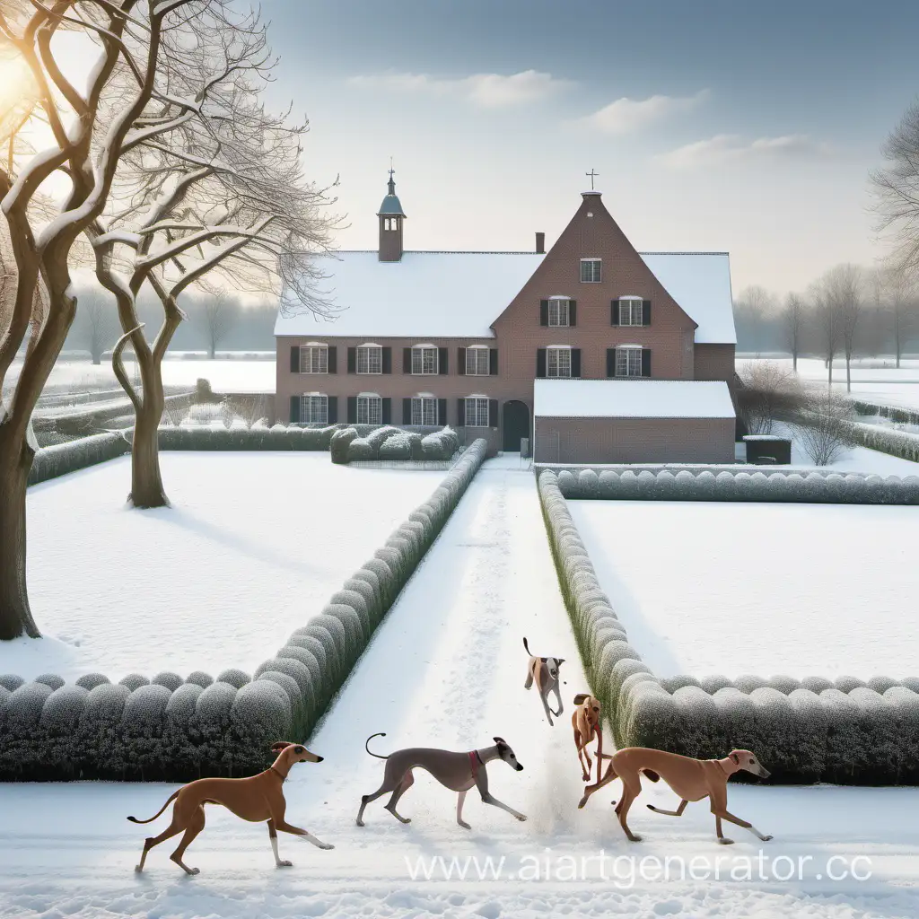 Une ferme à la manière Flamande, avec des lévriers courant dans un  jardin en hiver, plein de neige.