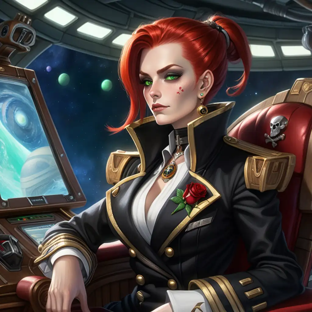 arrogant and ruthless female human space pirate admiral, green eye color, red hair, alabaster skin, ear rings, sitting in a captain's chair, wearing a black pirate's coat with a red rose in the lapel, on a starship bridge, with a gas giant on screen