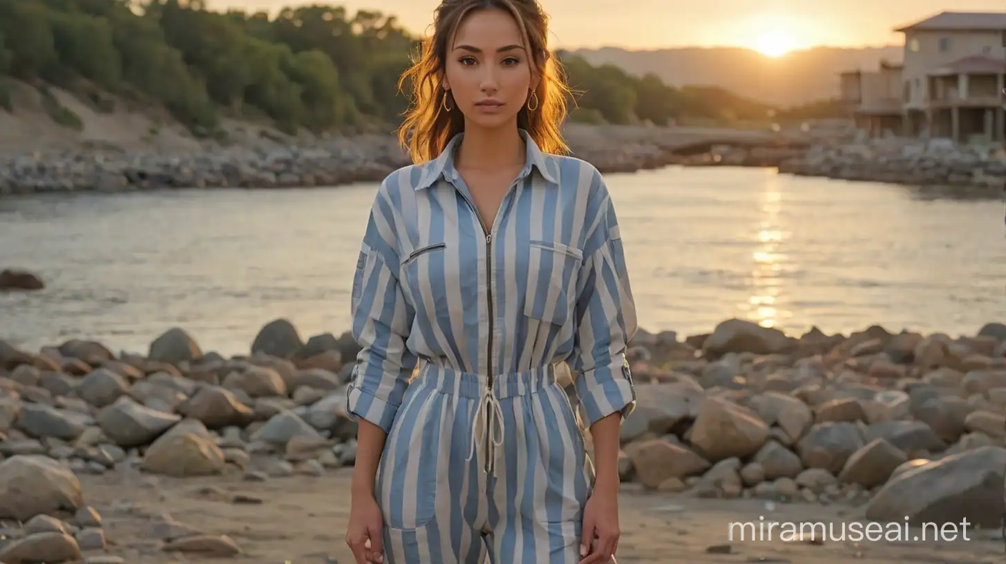 Female Prisoner by River at Sunset Shy Smile in Oversized Jumpsuit