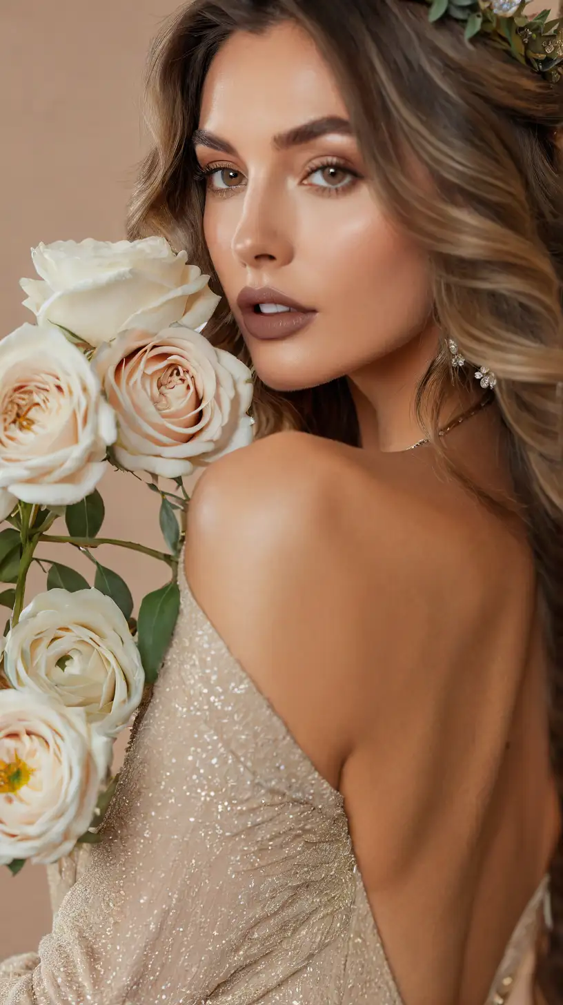 photoshoot with beige background of beautiful woman, dressed nicely, nice jewelry, beautiful big matte taupe lips, makeup, long balayage wavy hair, with captivating eyes and a passionate expression, wearing flower crown, ultra-realistic