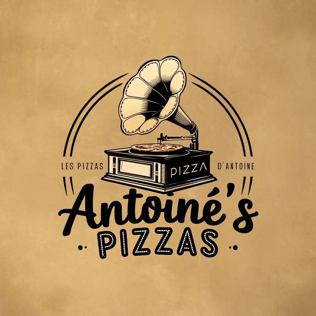logo, The logo is for a pizza shop called "Les Pizzas d'Antoine". We want a vintage style. Using a gramophone, with a pizza instead of the disc., with the text "Antoine's Pizzas", typography, be used in Restaurant industry