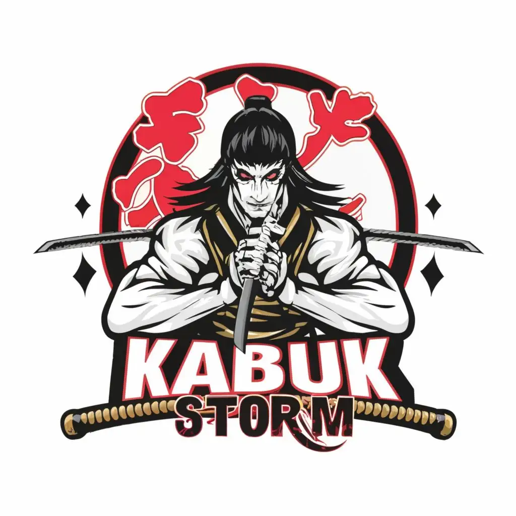 logo, Ninja with sword in white clothes, male, long black hairs, kabuki mask with red pattern,, with the text "Kabuki storm", typography