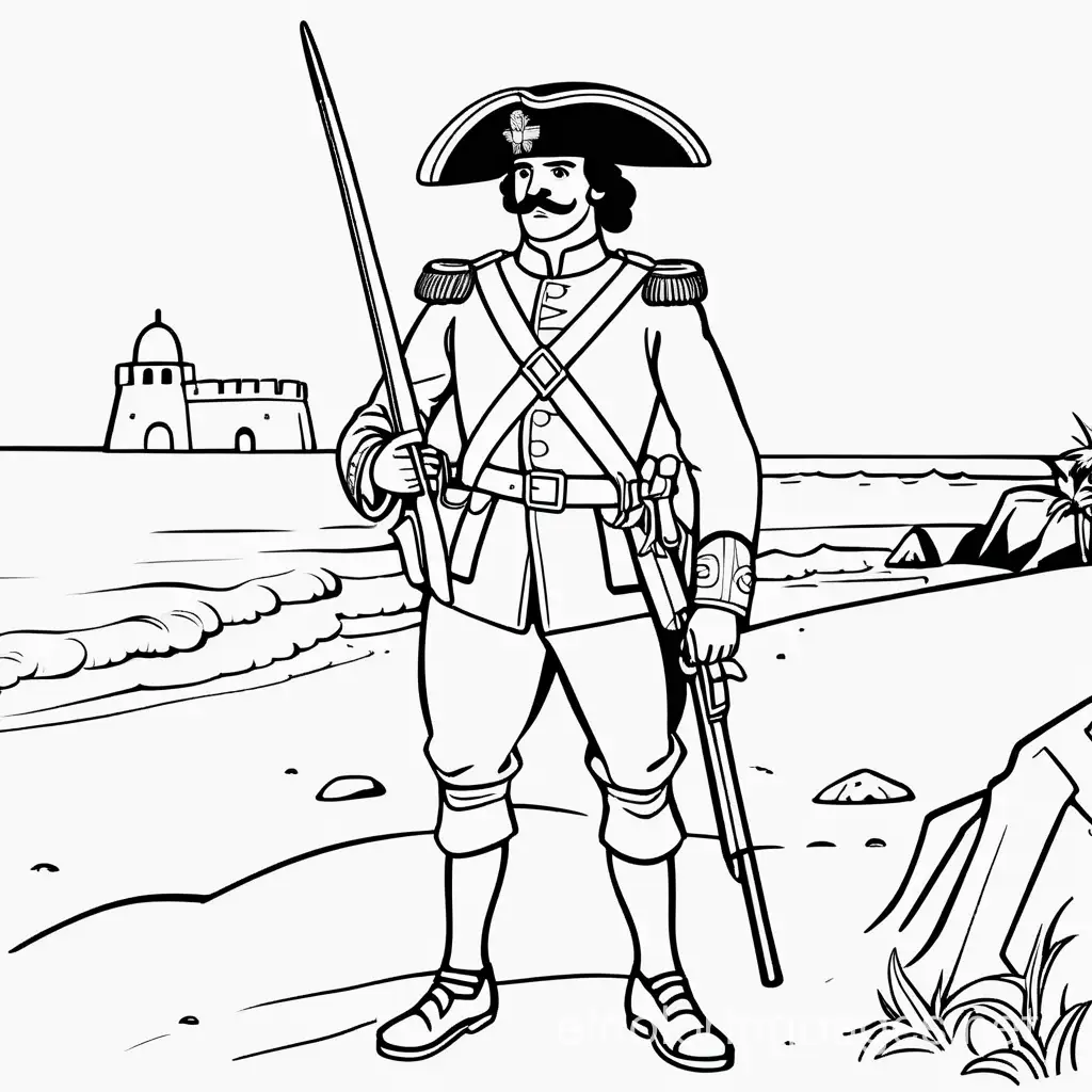 1700s spanish soldier at fort on beach, Coloring Page, black and white, line art, white background, Simplicity, Ample White Space. The background of the coloring page is plain white to make it easy for young children to color within the lines. The outlines of all the subjects are easy to distinguish, making it simple for kids to color without too much difficulty