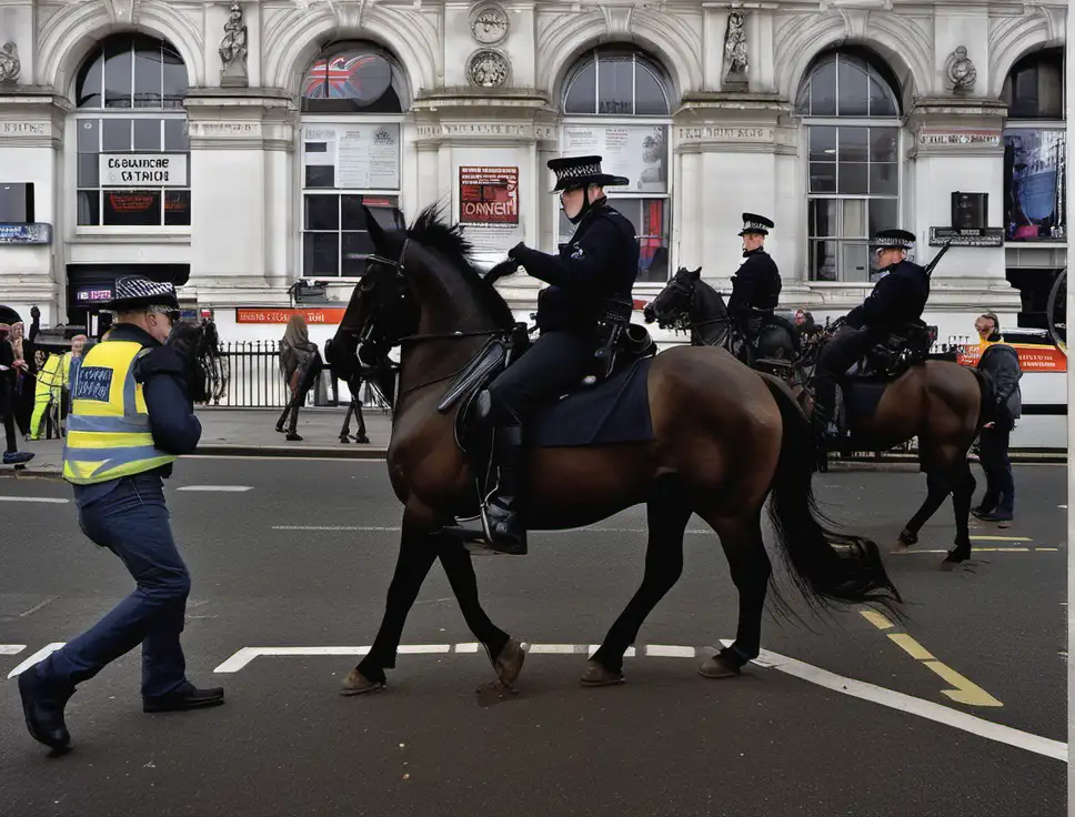 Vibrant Poster Display at Piccadilly Circus London Featuring Horseback Police Clash