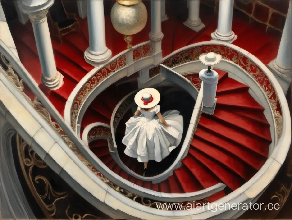 Вид с высокой точки сверху, со второго этажа на молодую даму внизу, дама в белом платье поднимается по винтовой лестнице с красным ковром, держась за перила, лицо дамы закрыто шляпкой с небольшими полями. Картина маслом