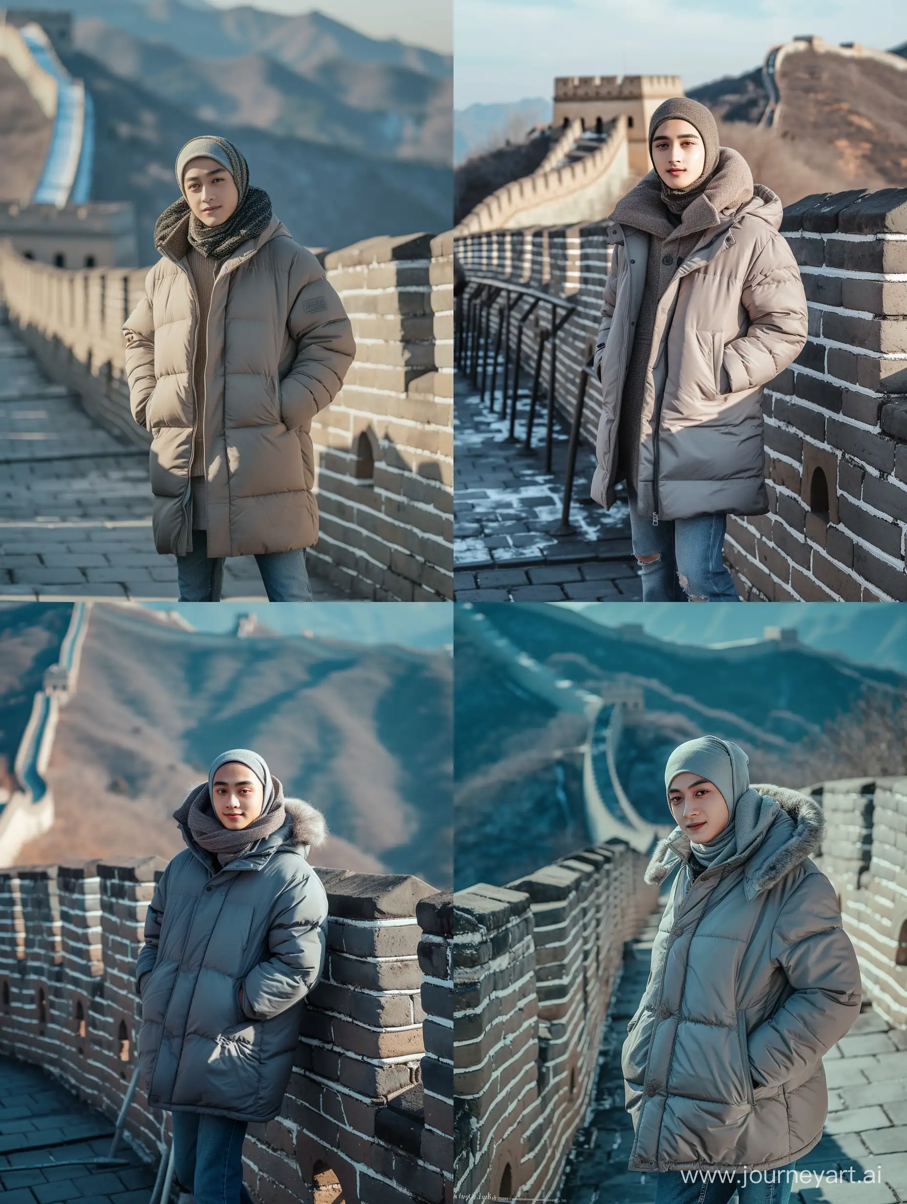 a Javanese Indonesian man (25 years old, oval and clean face, hijab, thin body, Indonesian-style skin, wearing a thick winter jacket, jeans) standing posing like a model on the Great Wall of China, photo slightly tilted to the side, face visible, atmosphere bright,ultra HD,real photo,highly detailed,very sharp,18mm lens,realistic,photography,leica camera