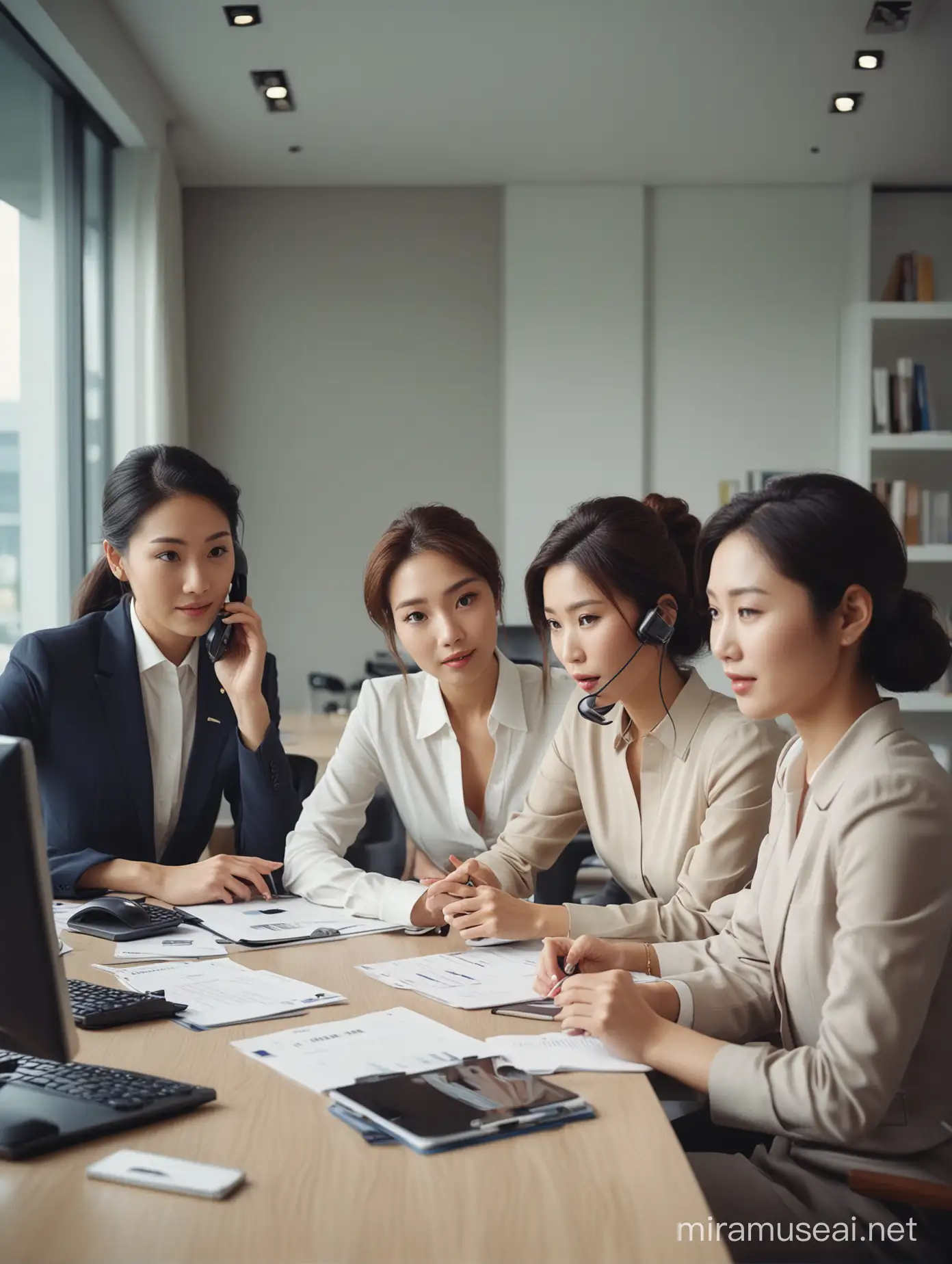 In the photograph, a group of asian brokers of varying ages are seen busy at work in a modern office setting. They are elegantly dressed and engaged in conversation with clients on the phone or in person. Some are meticulously analyzing luxury market trends on their computers, while others are deep in discussion with colleagues, exchanging valuable insights. The atmosphere is professional yet friendly, with a strong sense of ambition and drive palpable in the air. The diverse team exemplifies dedication and focus as they strive to grow and nurture their clientele in the luxurious market sector. photorealistic, 4K UHD, masterpiece, best quality, (((photographic, photo, photogenic))), extremely high quality, high detail RAW color photo, With wide-angle view. High quality, Real image, Magazine shoot, --ar 4:3. Photo on color film agfa 400