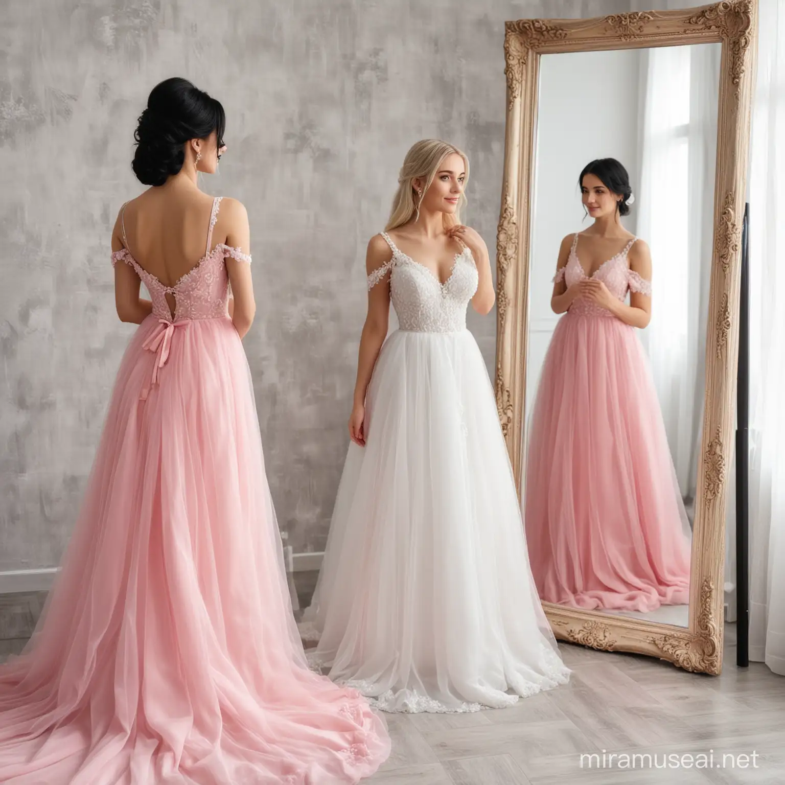 Blonde Bride and Bridesmaid in White and Pink Dresses at Mirror