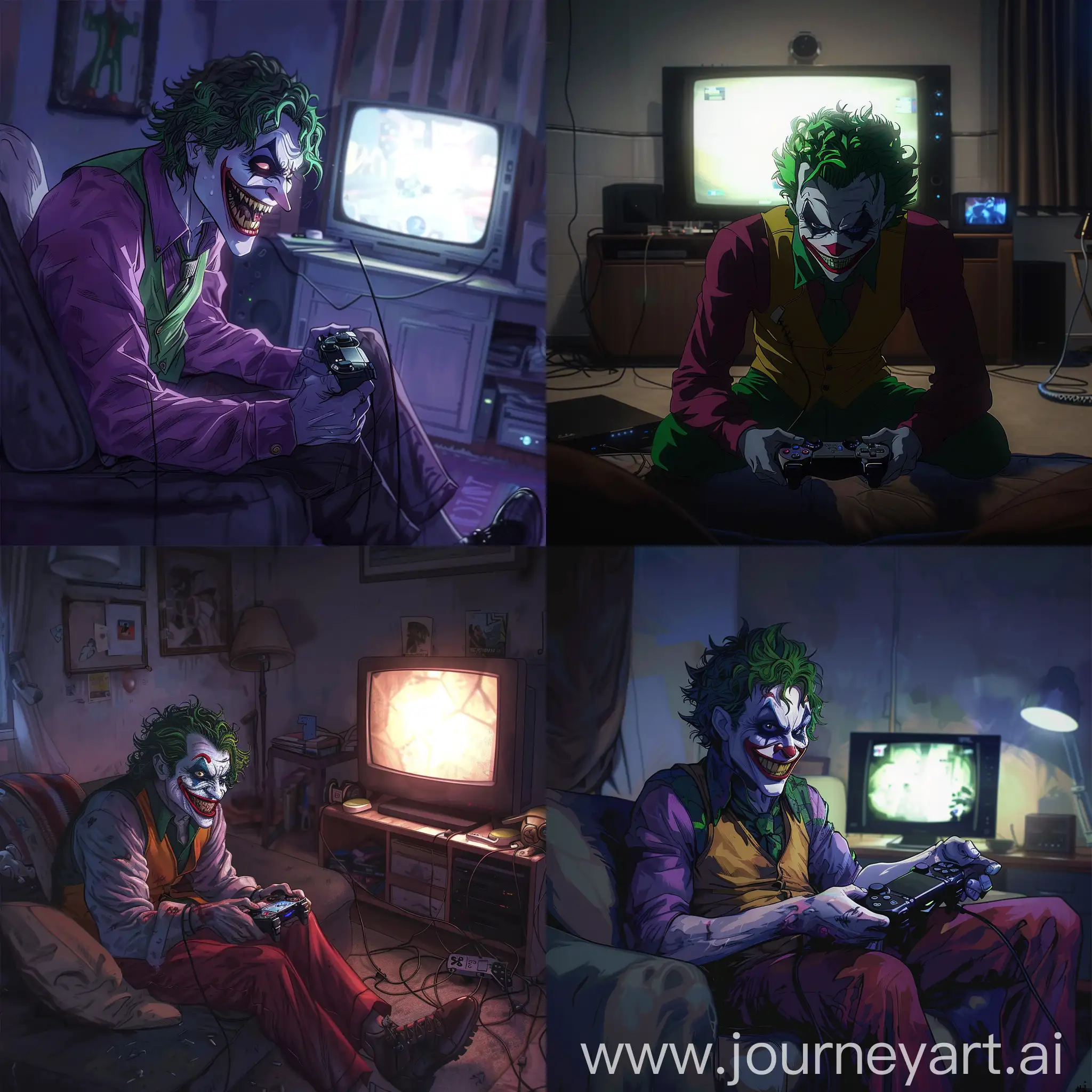 anime joker playing videogames in a room and the only light source is coming from the tv