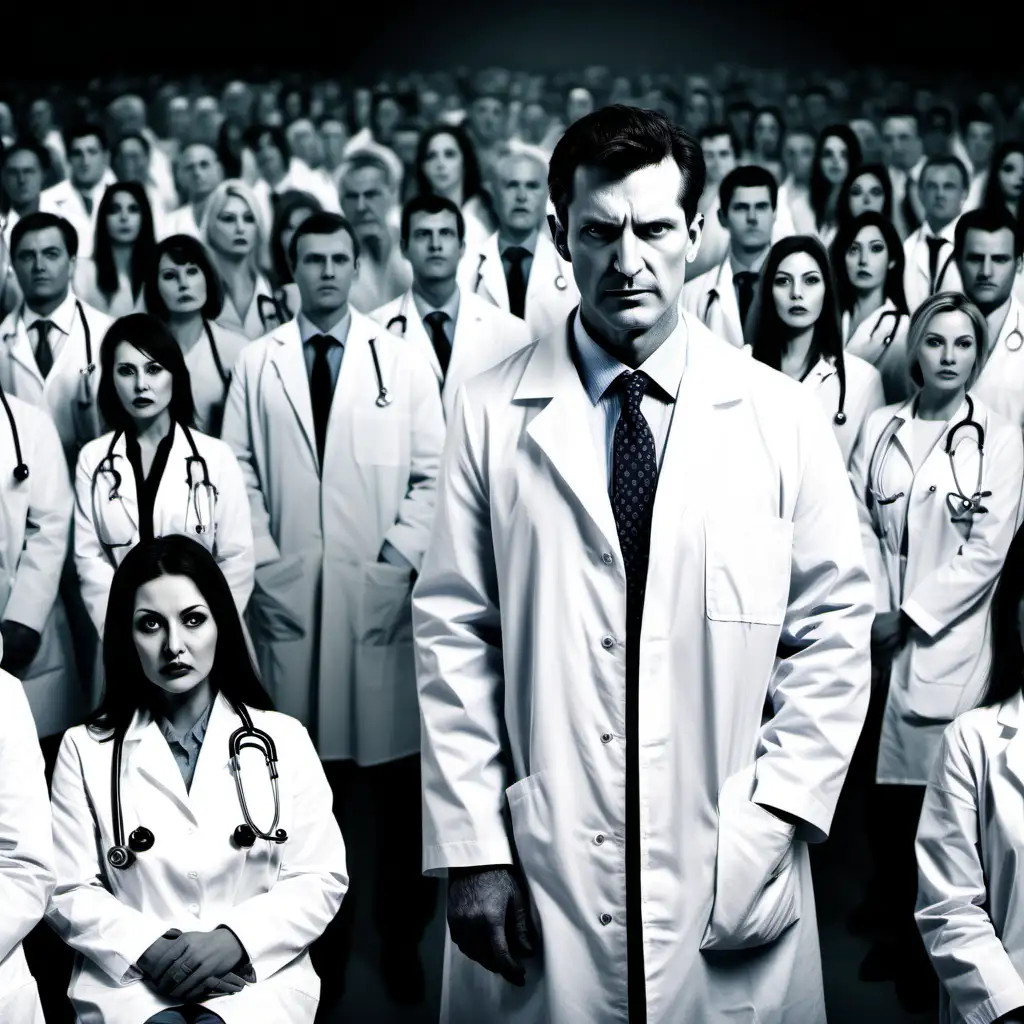doctors 60% female totalitarian sadistic ominous endless crowd white coat monochrome man in front