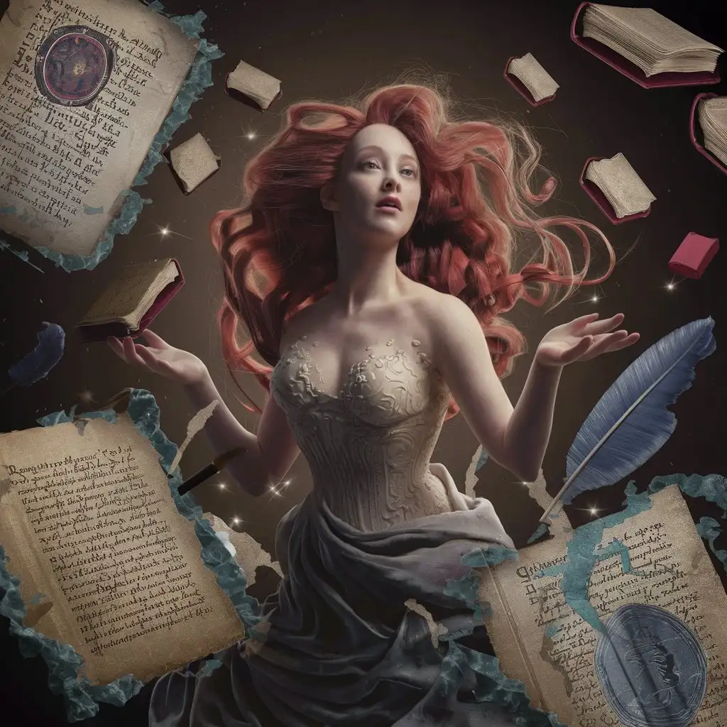 Artistic Woman with Books Surrounded by Floating Letters
