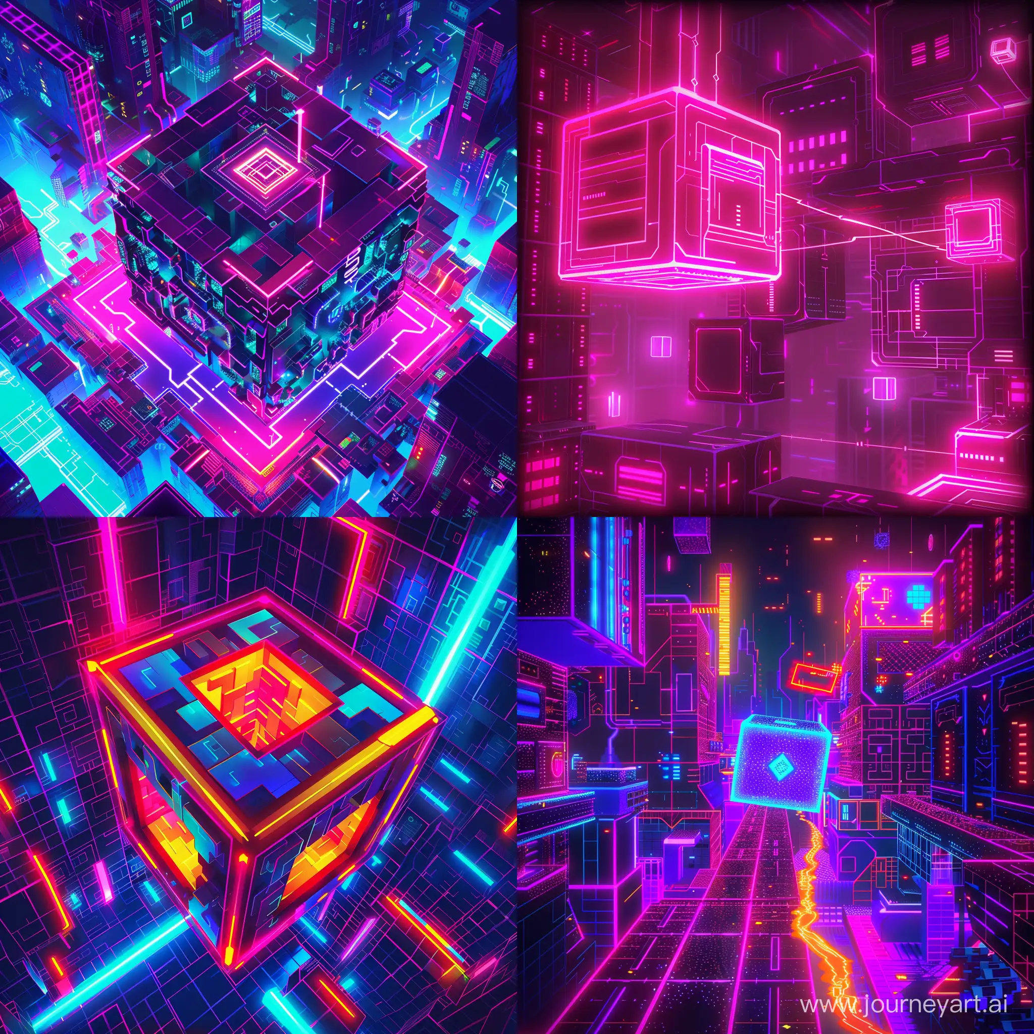 Geometry Dash's cube found a job, a wife, and had a 4k child, neon, cyberpunk, drive --v 6 --ar 1:1 --no 22617