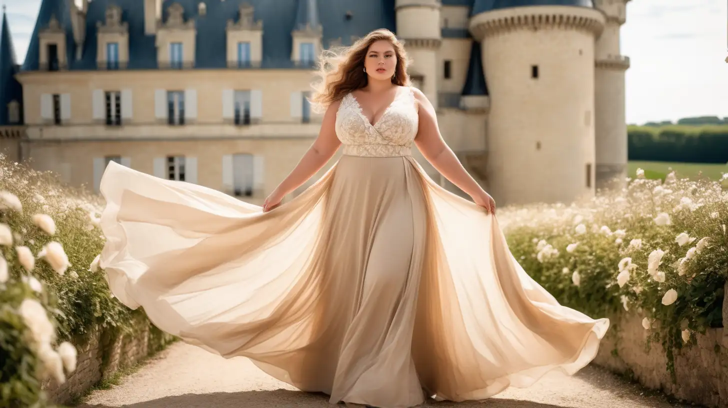 beautiful, sensual, elegant plus size model wearing a long lace beige gown with a very flared skirt, beige long flared skirt, fitted beige bodice, surplice sleeveless with wider straps, empire defined waistline with a waistband tonal to the dress, slight romantic smile, hair is flowing in the wind, luxury photoshoot inside a castle in France, flowers in the background