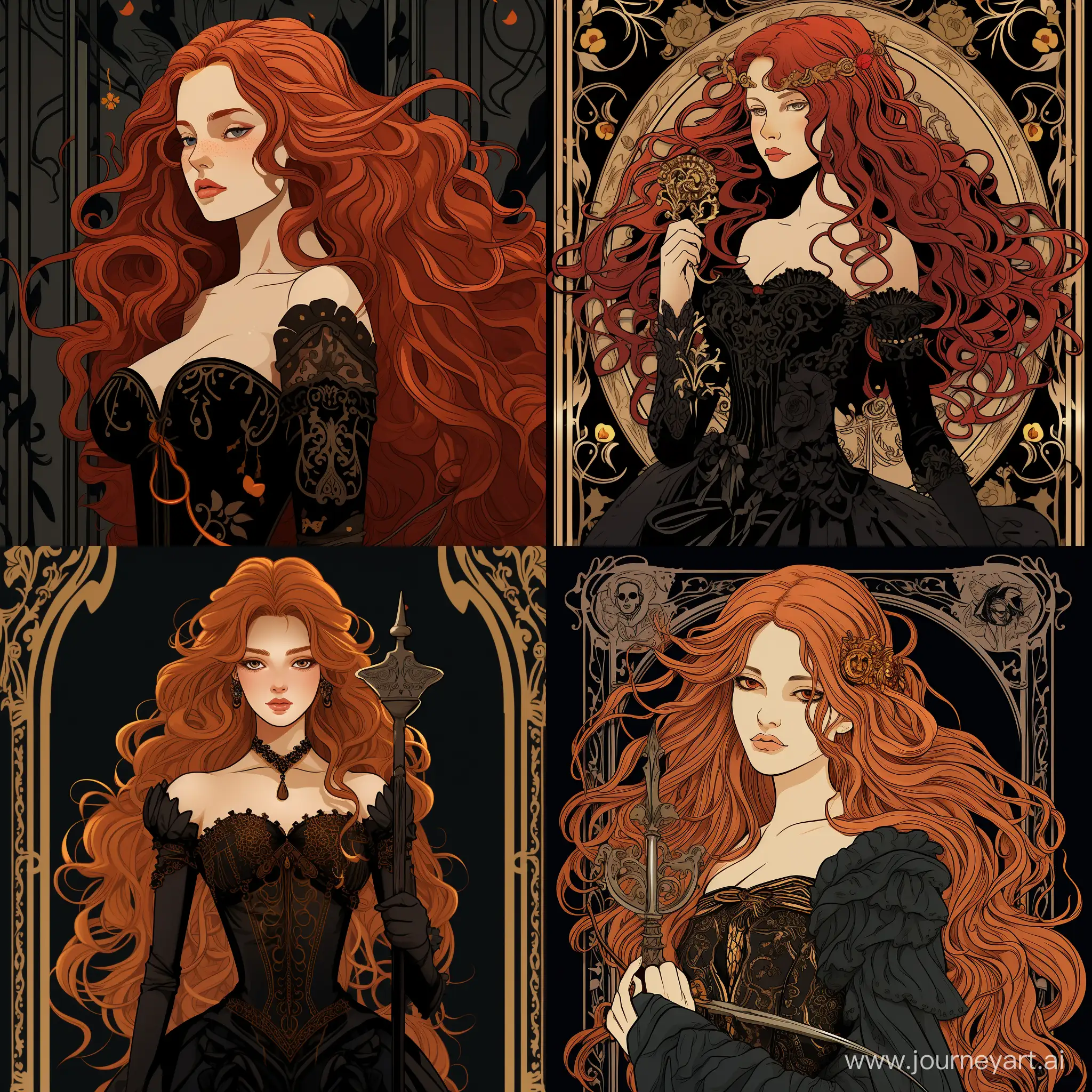 A young noble woman with long, flowing red hair, styled with elegance. Her facial features are striking and detailed, with a neutral yet captivating expression. She has a fair complexion. She is wearing a luxurious black dress with intricate details and embroidery, indicative of her noble status. The dress should have elements of high fantasy fashion. The character is holding a rapier in her right hand, with the blade directed downwards. The hilt of the sword is ornate. In her left hand, she is casting fire magic, which swirls around her hand with dynamic motion. The image should be generated in a high-definition CG style, with a level of detail and realism that one would find in modern video games or CGI movies. The background features an opulent room with baroque or gothic elements, such as grand windows, luxurious curtains, and chandeliers, to reflect her noble standing. The colors are rich and vivid, with a focus on contrasting the fiery reds of her hair and magic against the dark tones of her attire.