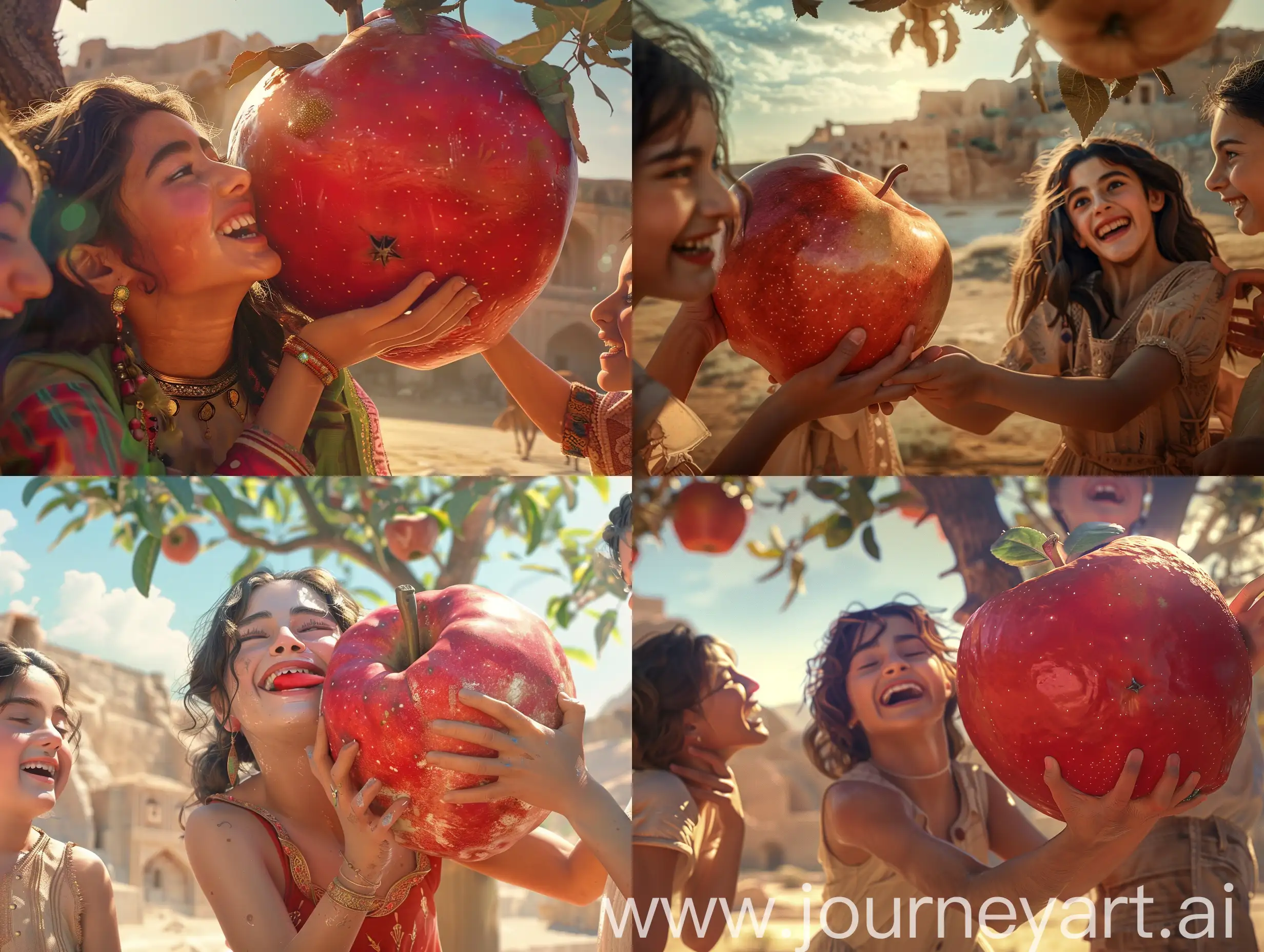 A beautiful smiling Persian girl is holding a big red apple the size of a watermelon as she is about to bite into it and her friends are teasing her, they are outside the Bam citadel under a giant apple tree in a desert, in an ancient civilization, cinematic, epic realism,8K, highly detailed, backlit, glamour lighting