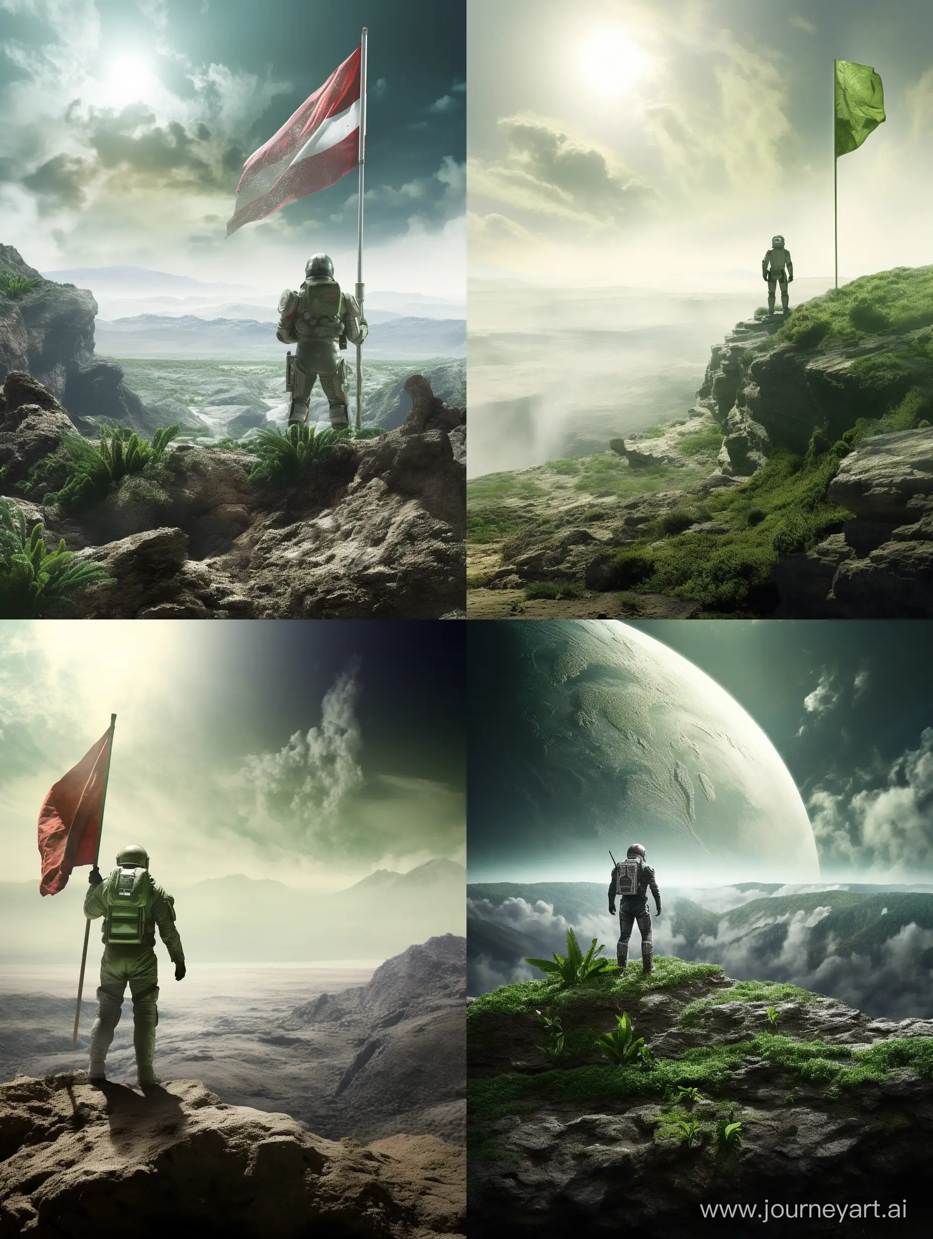 an astronaut in a rocky landscape holding a waving flag with a human palm print on it looking away at other plants in the near distance. the image with green tint and fog. this imagine represent a future scene. there are planets in the distance and the astronaut is standing far away from the camera.